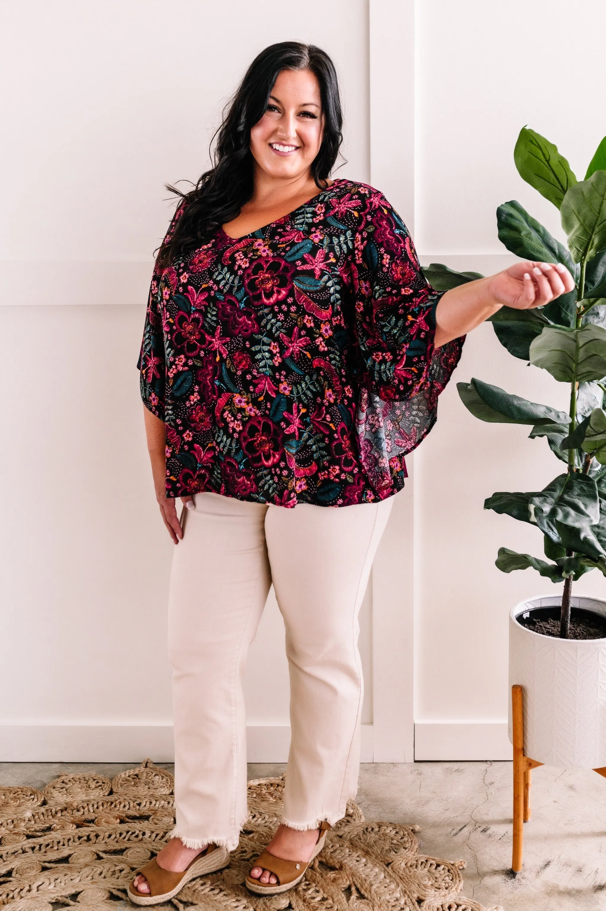 Angled Sleeve Blouse In Black Multicolored Floral Sketch