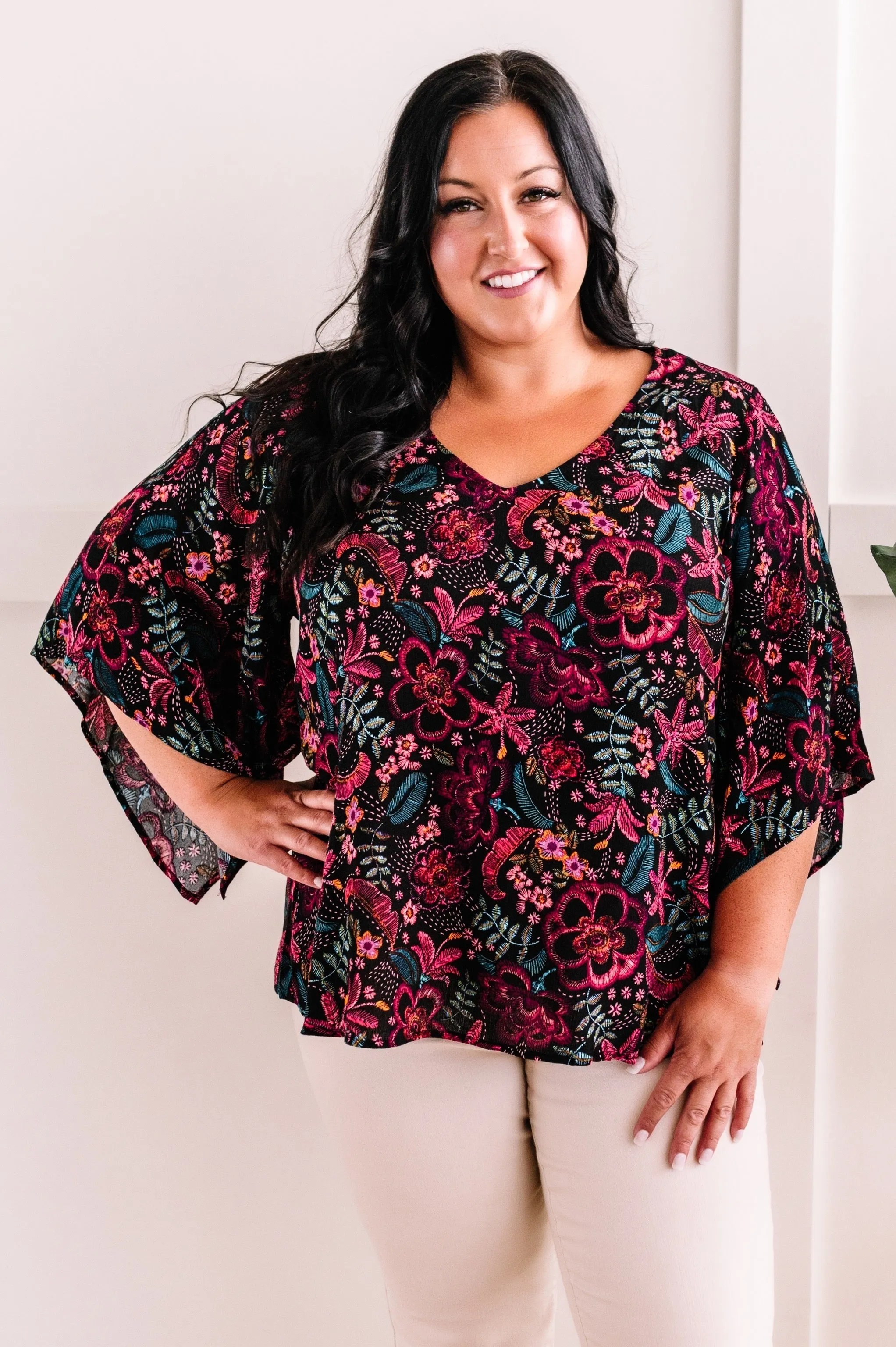 Angled Sleeve Blouse In Black Multicolored Floral Sketch