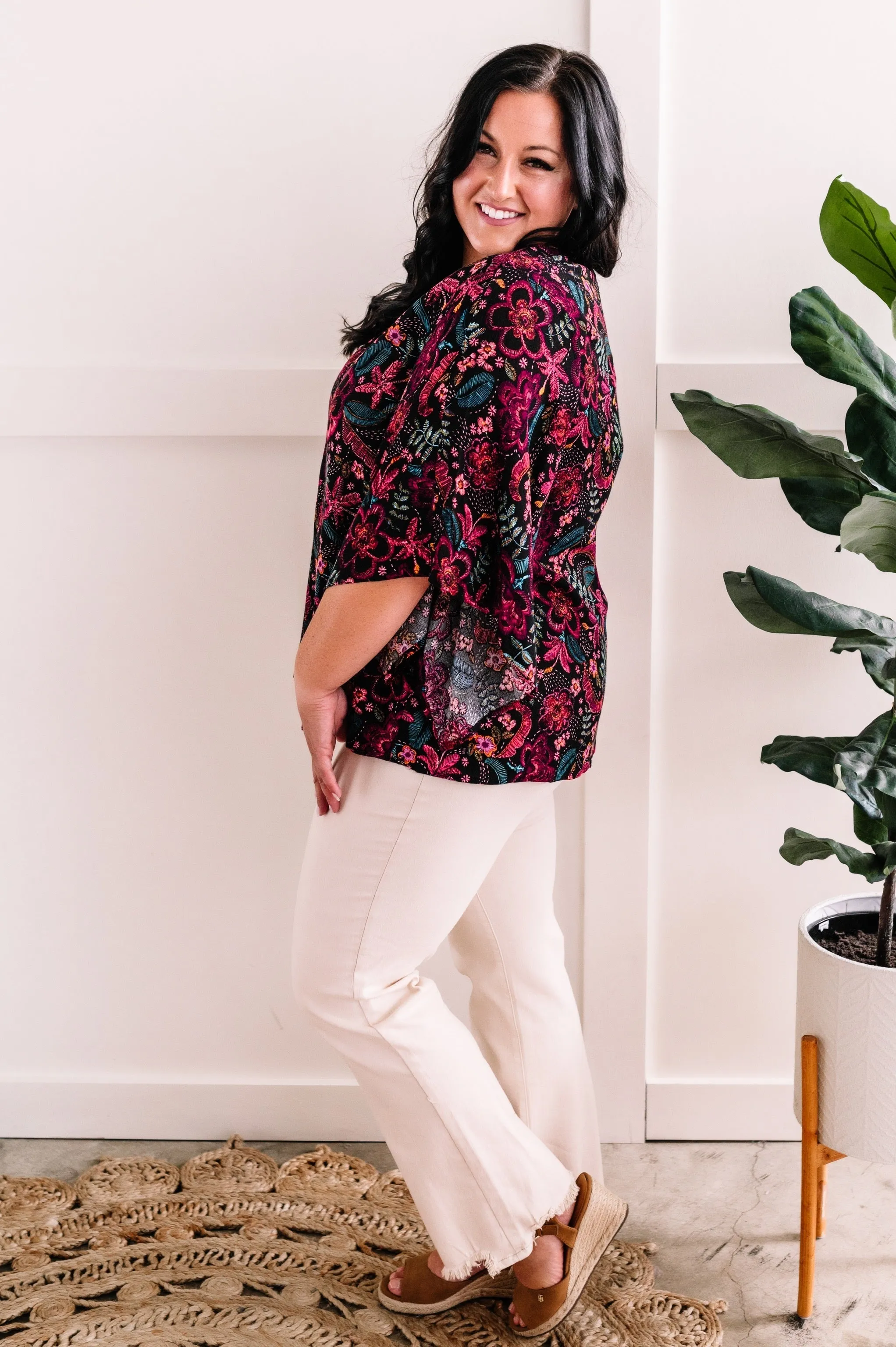 Angled Sleeve Blouse In Black Multicolored Floral Sketch