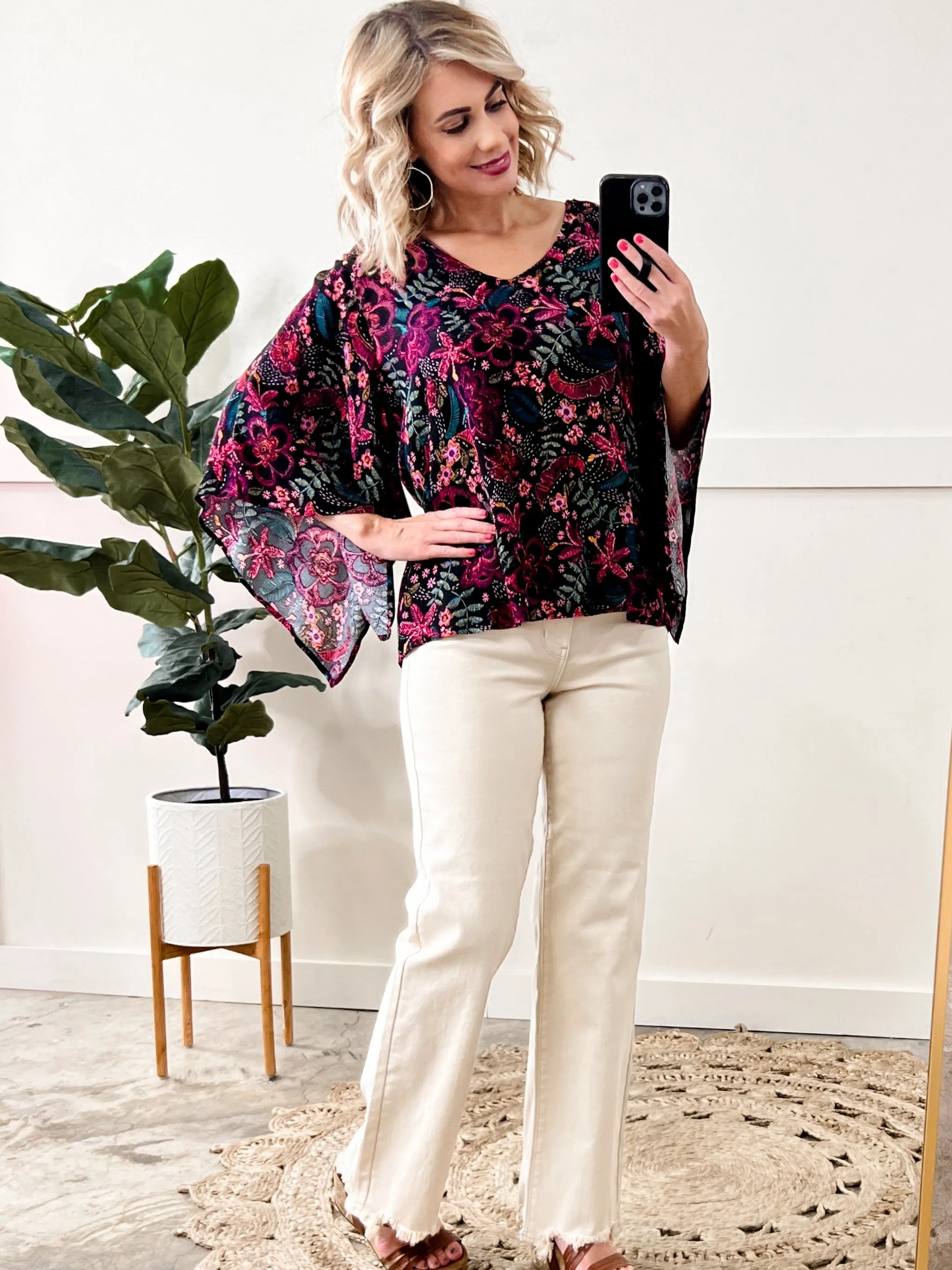 Angled Sleeve Blouse In Black Multicolored Floral Sketch