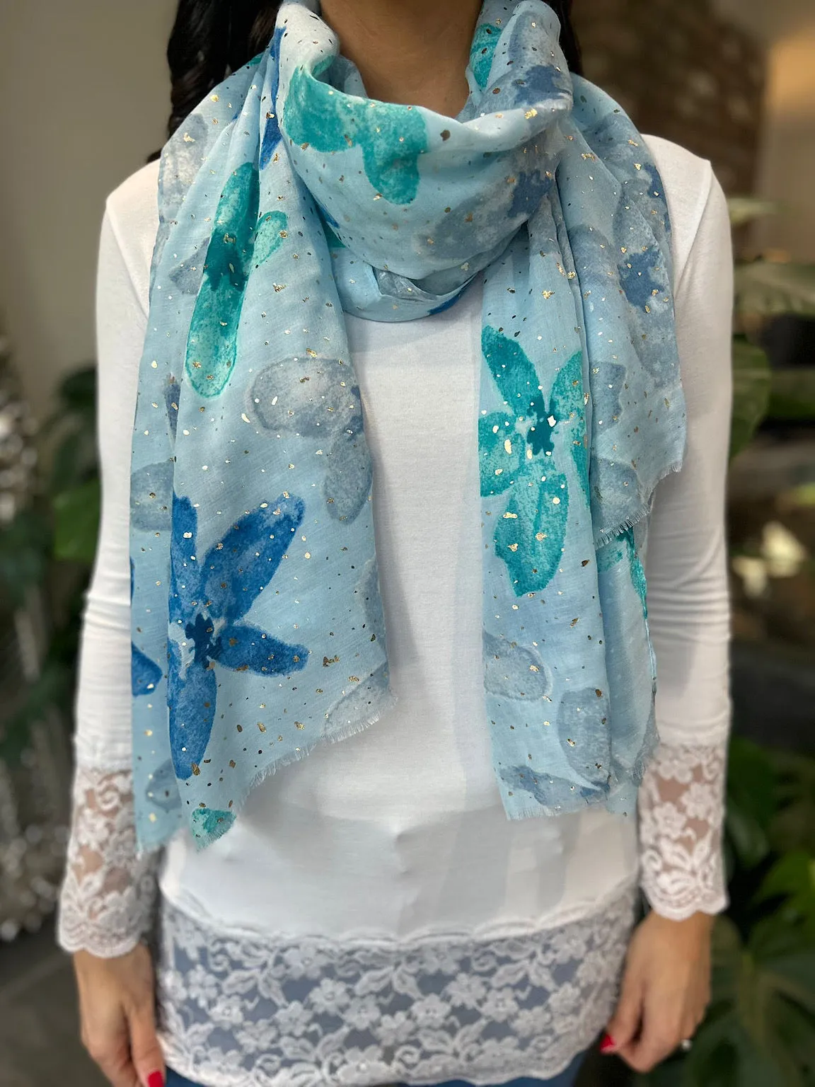 Blue Lily Print Gold Fleck Scarf