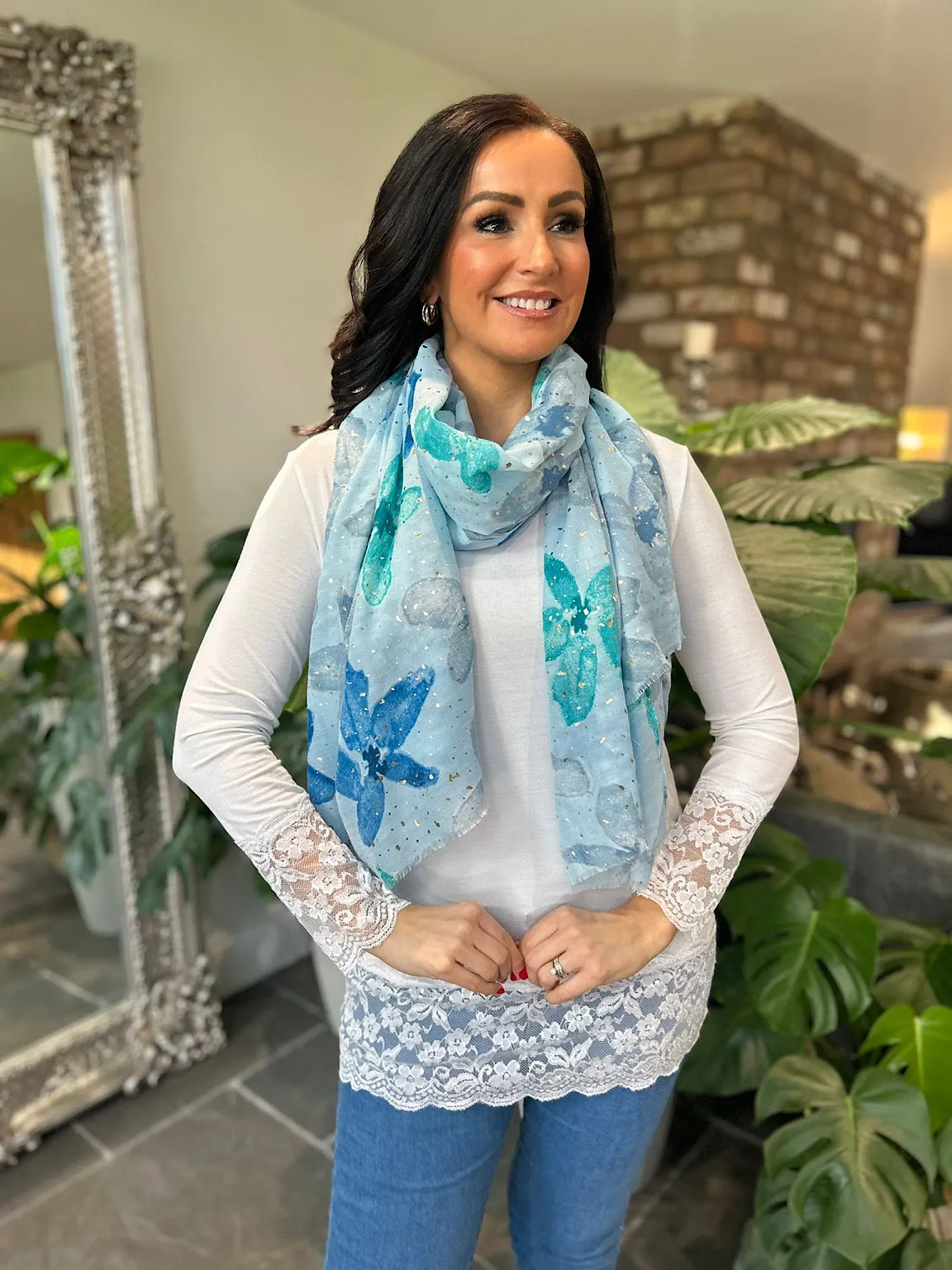 Blue Lily Print Gold Fleck Scarf