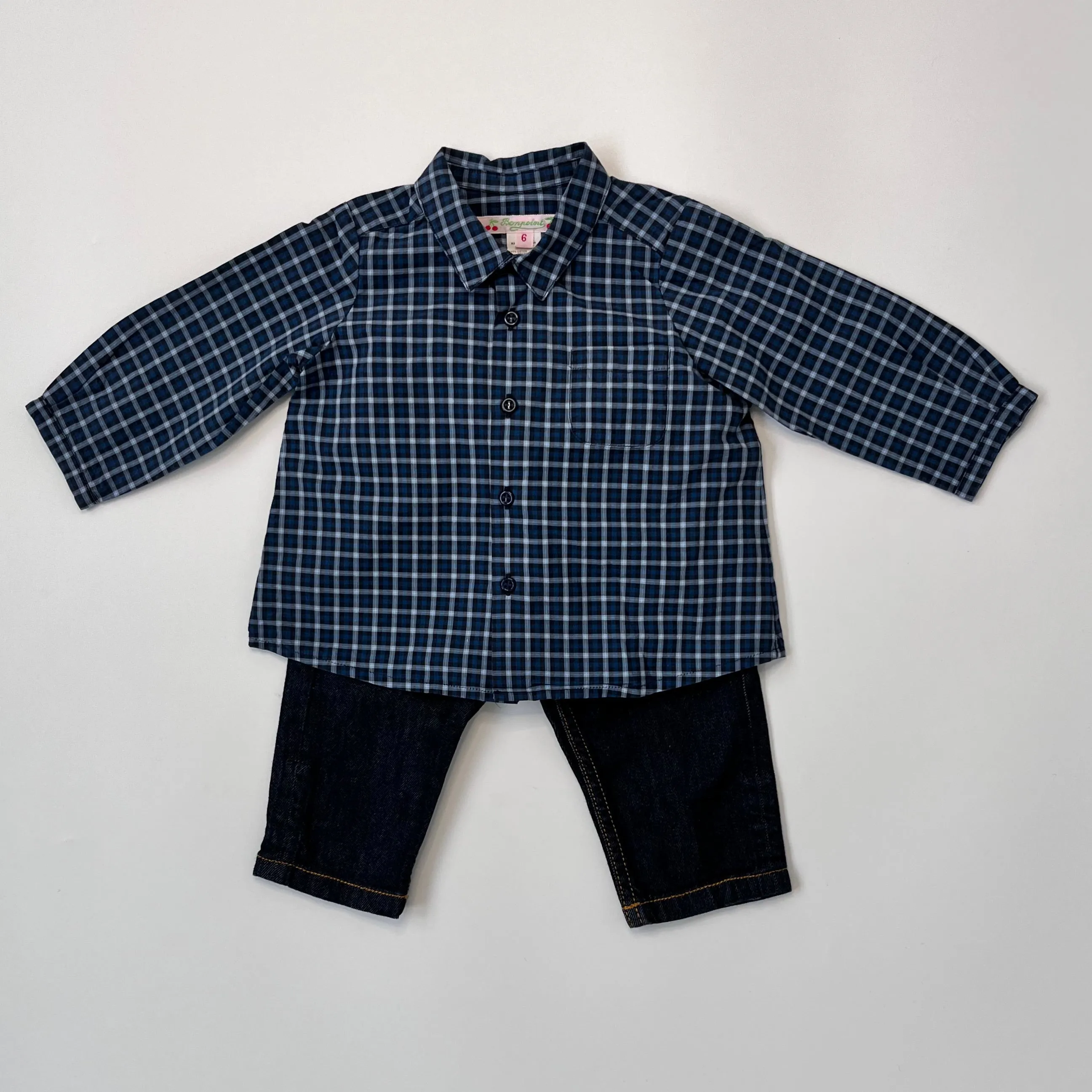 Bonpoint Blue Check Shirt With Collar: 6 Months