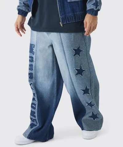 boohoo Mens Extreme Baggy Rigid Star Applique Denim Jeans