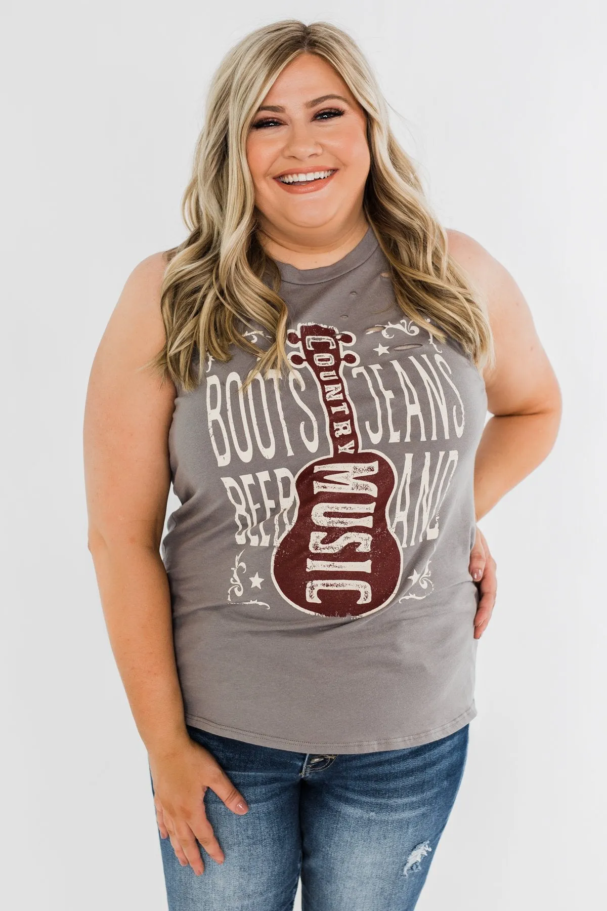 Boots, Jeans, Beer, & Country Music Graphic Tank Top- Charcoal