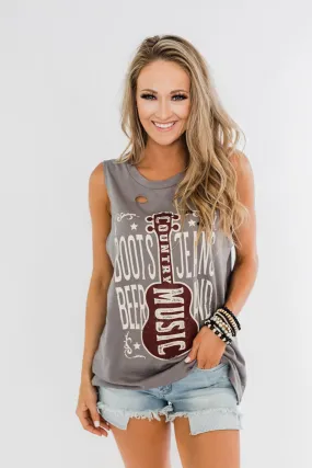 Boots, Jeans, Beer, & Country Music Graphic Tank Top- Charcoal