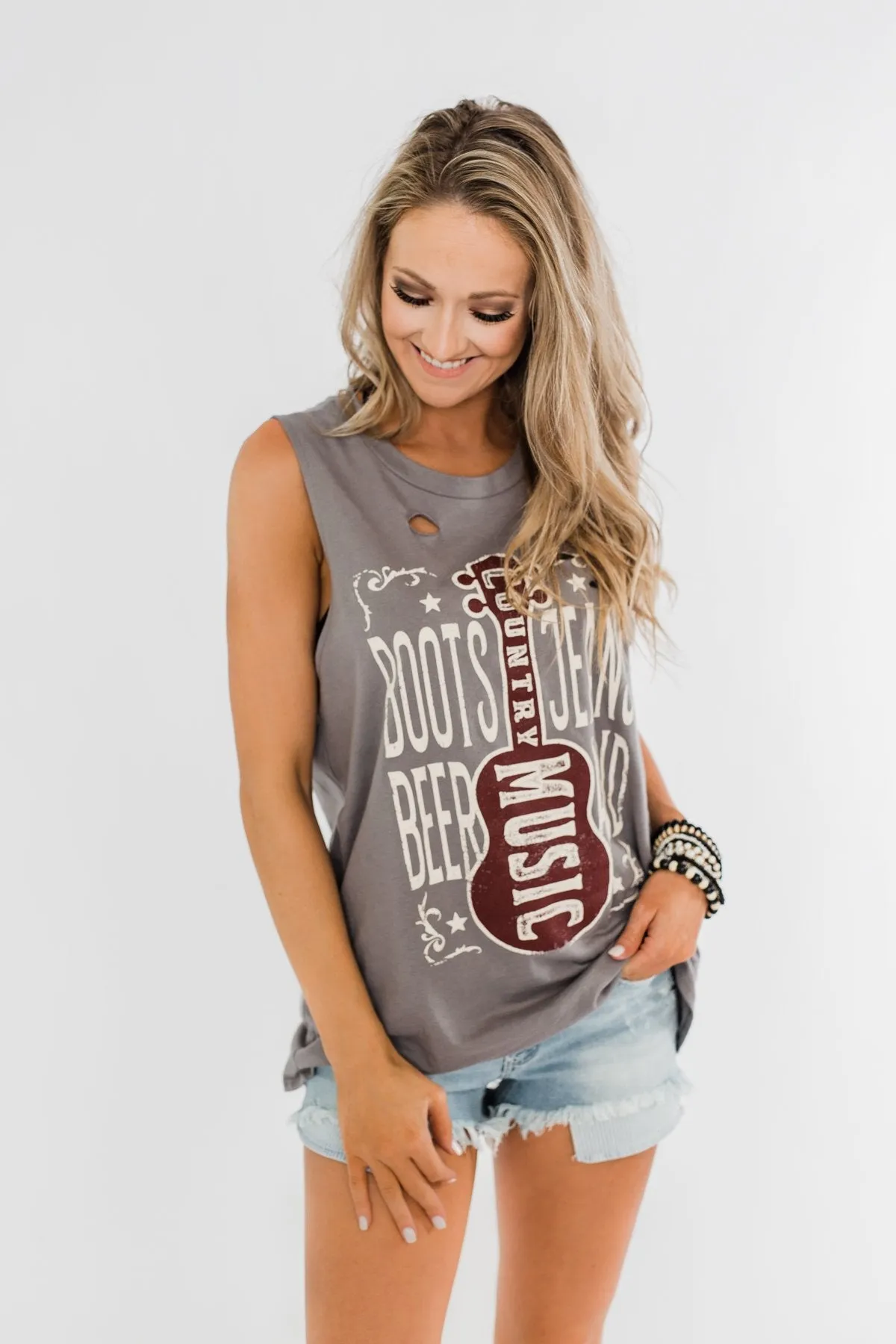 Boots, Jeans, Beer, & Country Music Graphic Tank Top- Charcoal