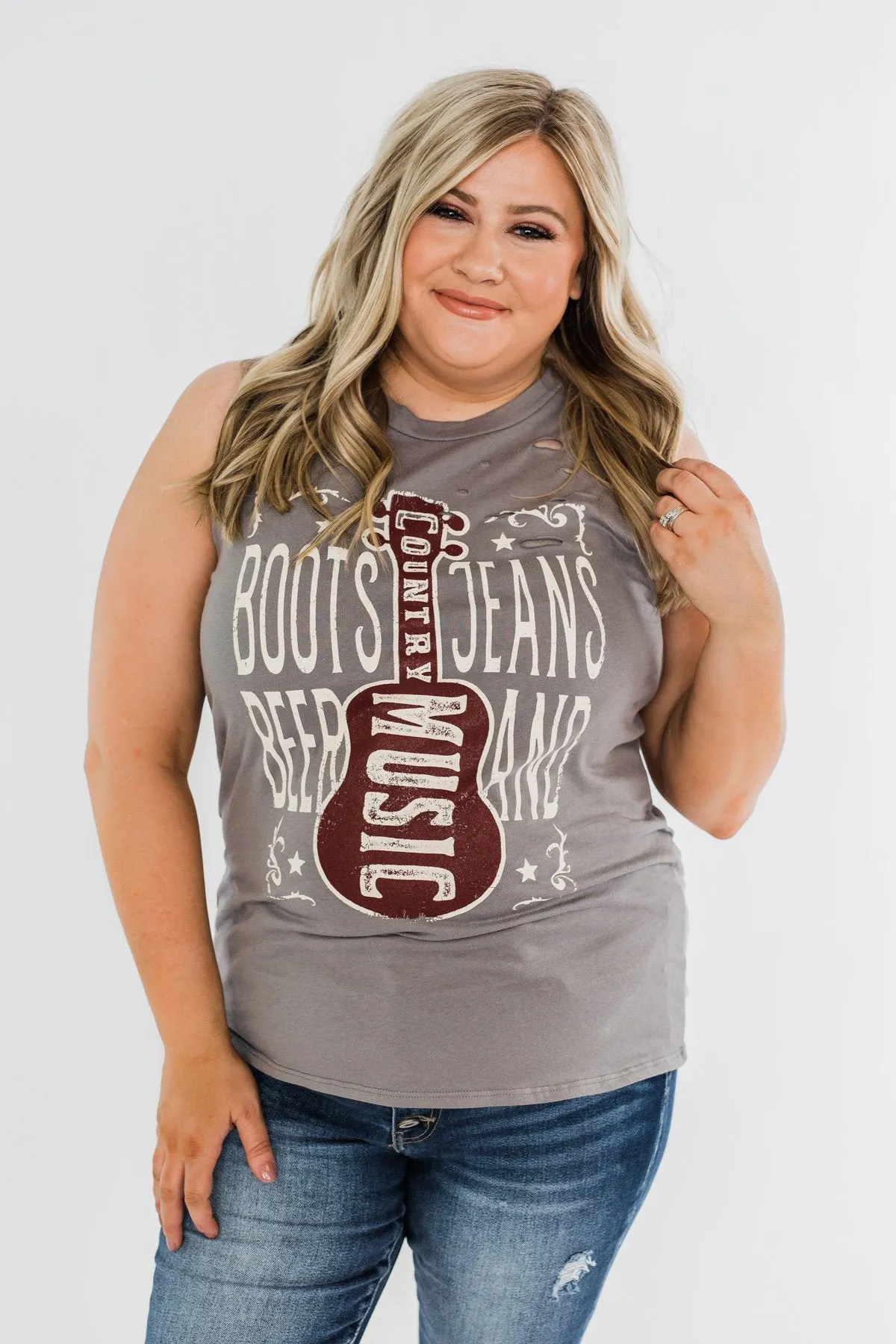 Boots, Jeans, Beer, & Country Music Graphic Tank Top- Charcoal