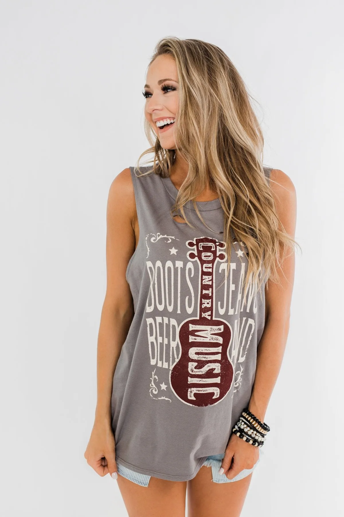 Boots, Jeans, Beer, & Country Music Graphic Tank Top- Charcoal