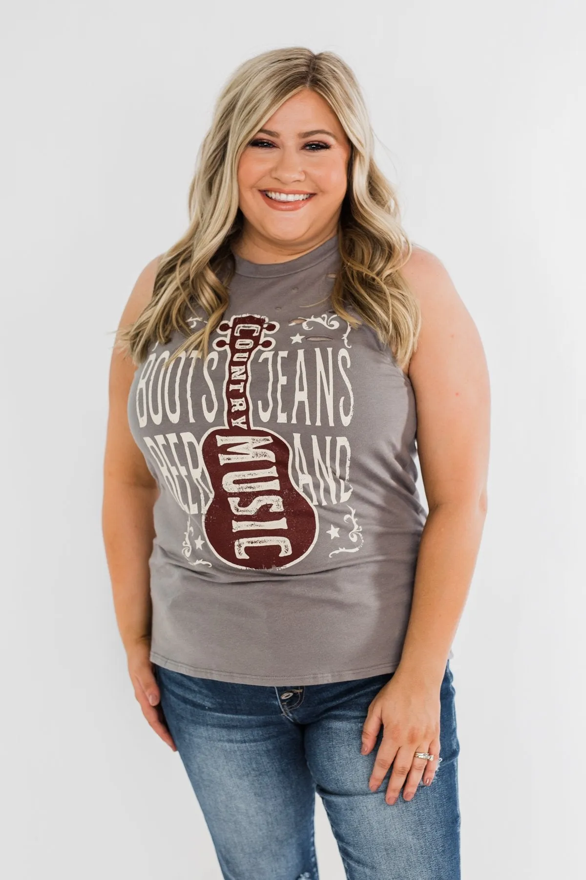 Boots, Jeans, Beer, & Country Music Graphic Tank Top- Charcoal