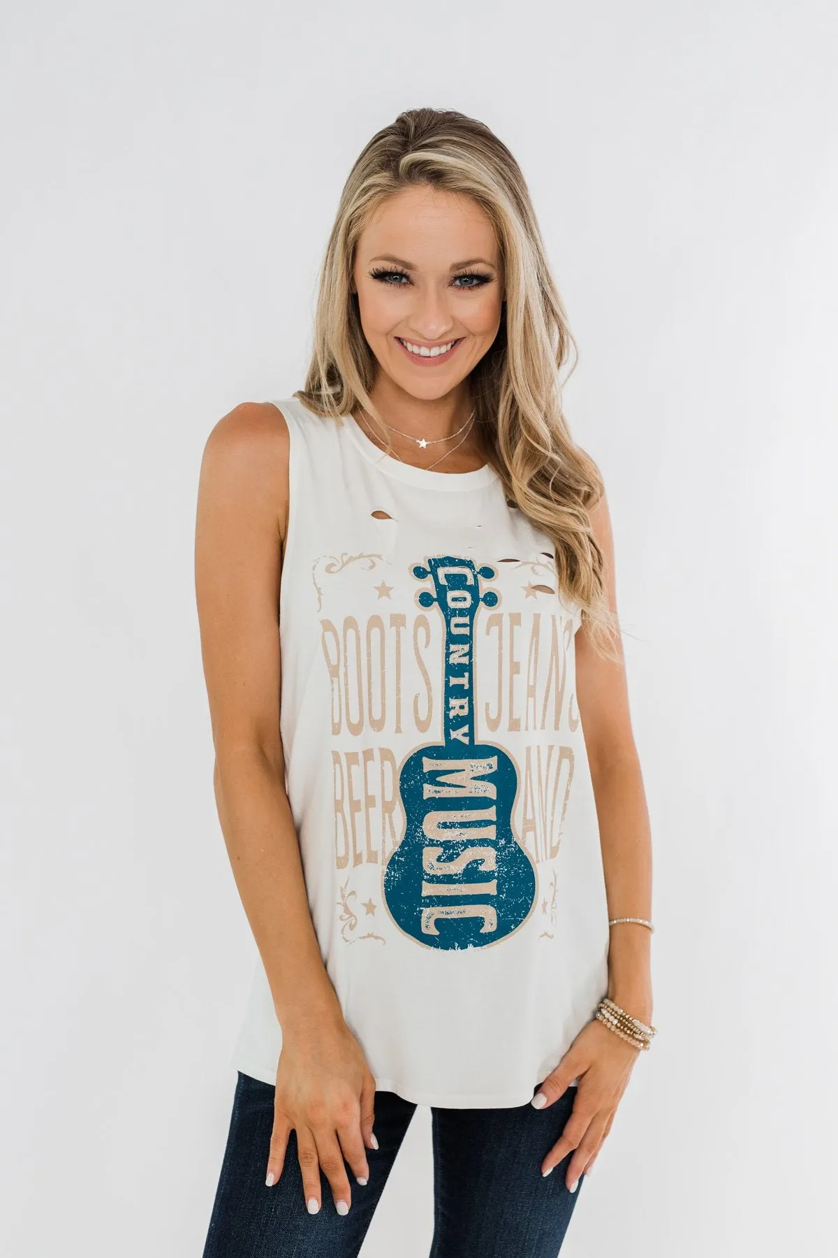 Boots, Jeans, Beer, & Country Music Graphic Tank Top- Ivory