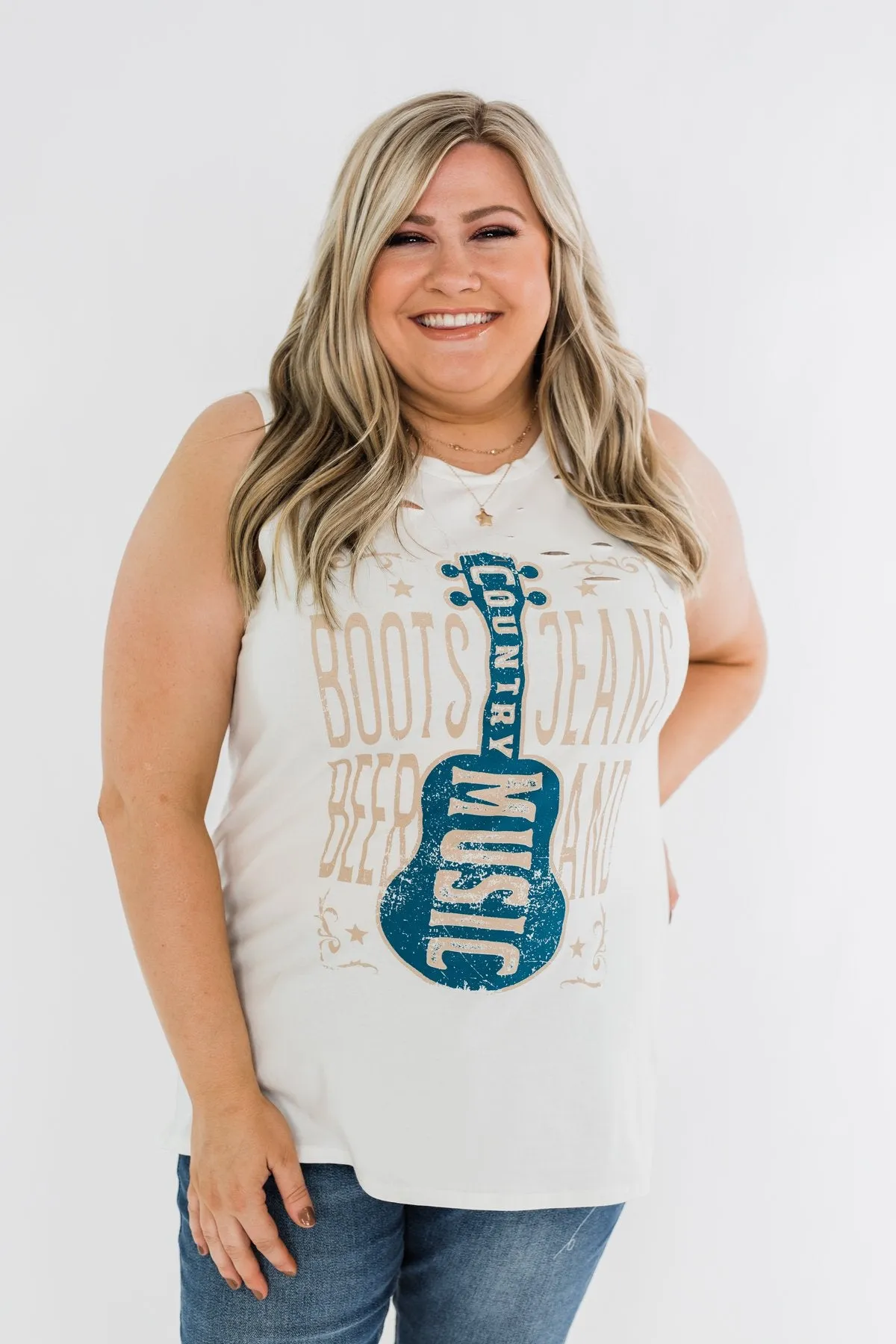 Boots, Jeans, Beer, & Country Music Graphic Tank Top- Ivory