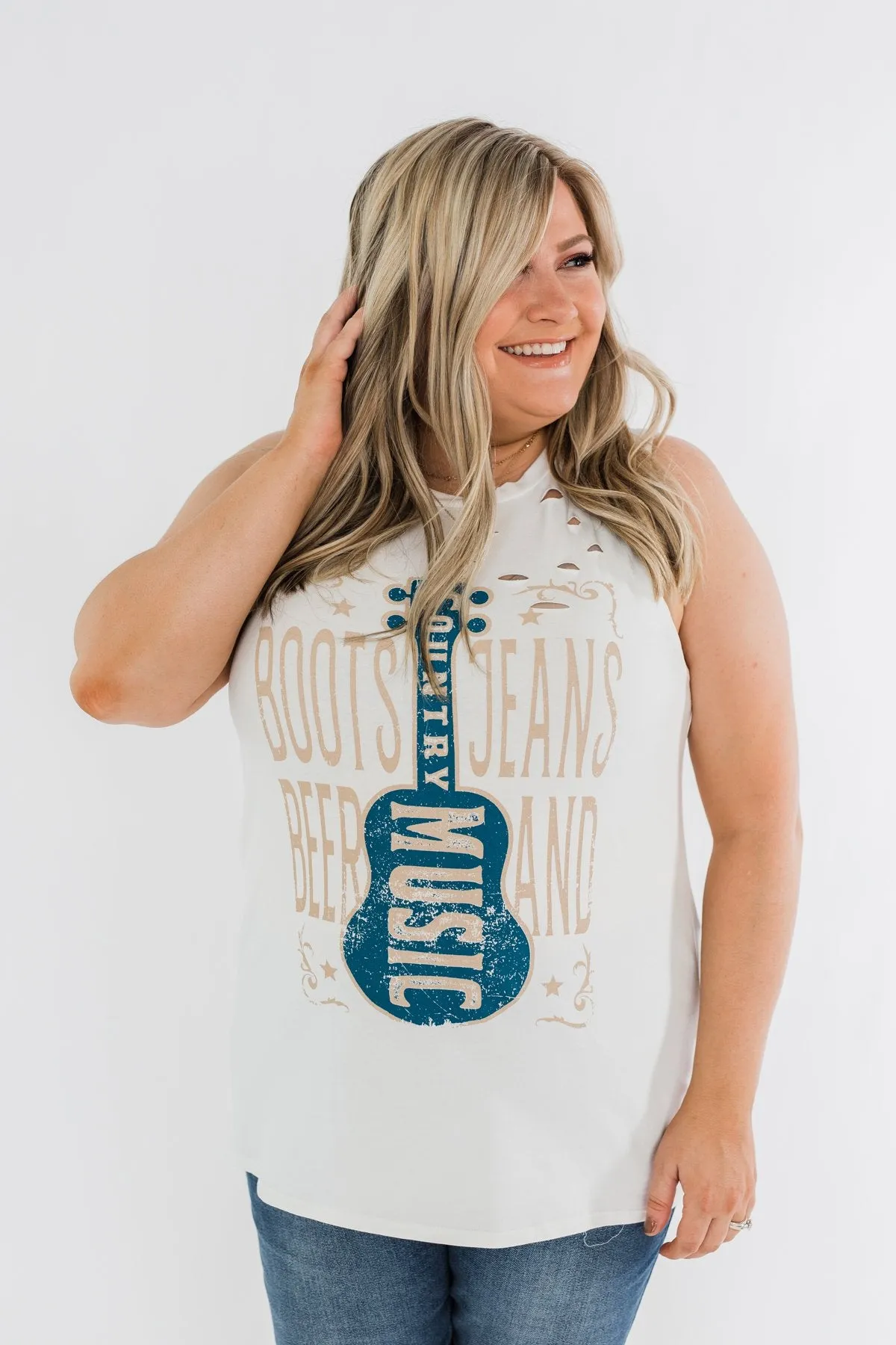 Boots, Jeans, Beer, & Country Music Graphic Tank Top- Ivory