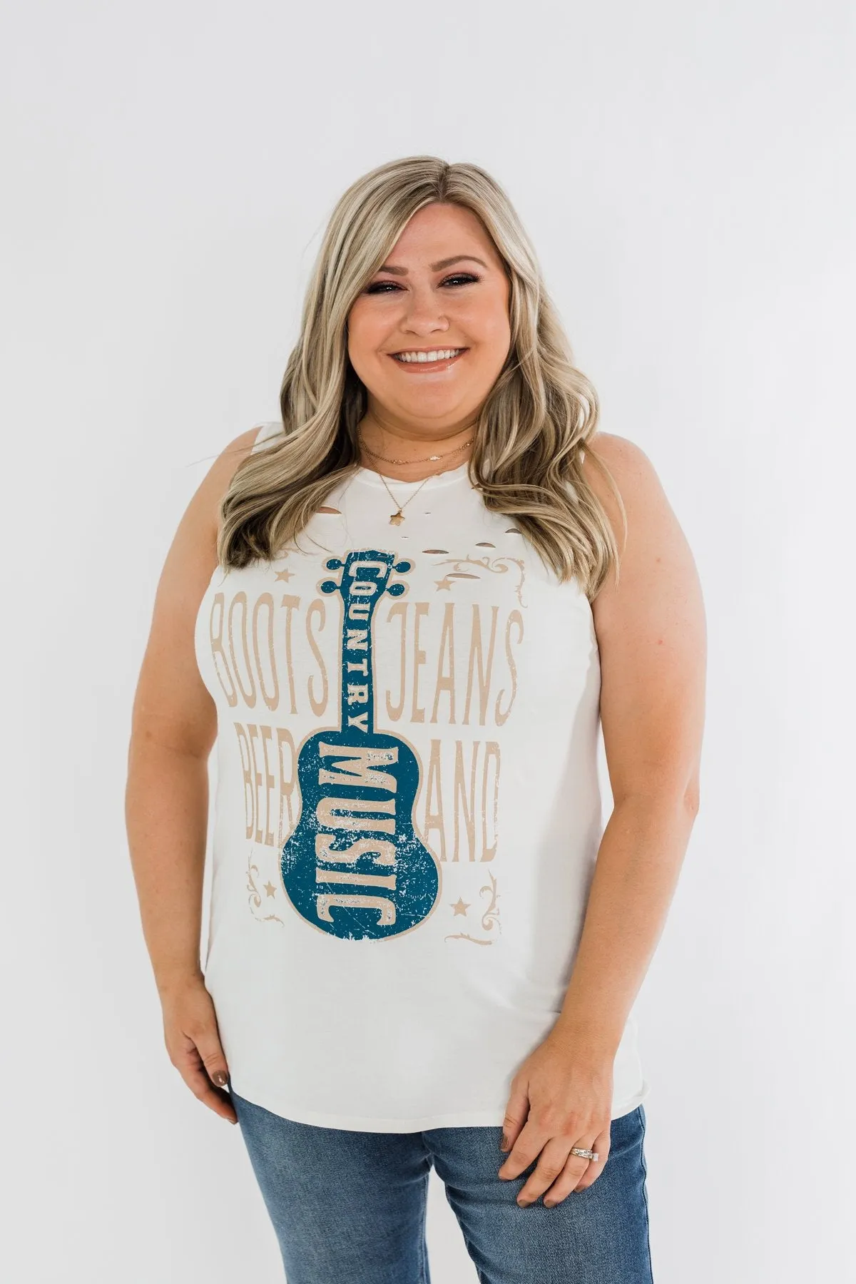 Boots, Jeans, Beer, & Country Music Graphic Tank Top- Ivory