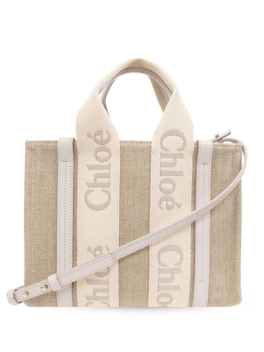 Chloè    Chloè Woody Small Canvas And Leather Tote Bag