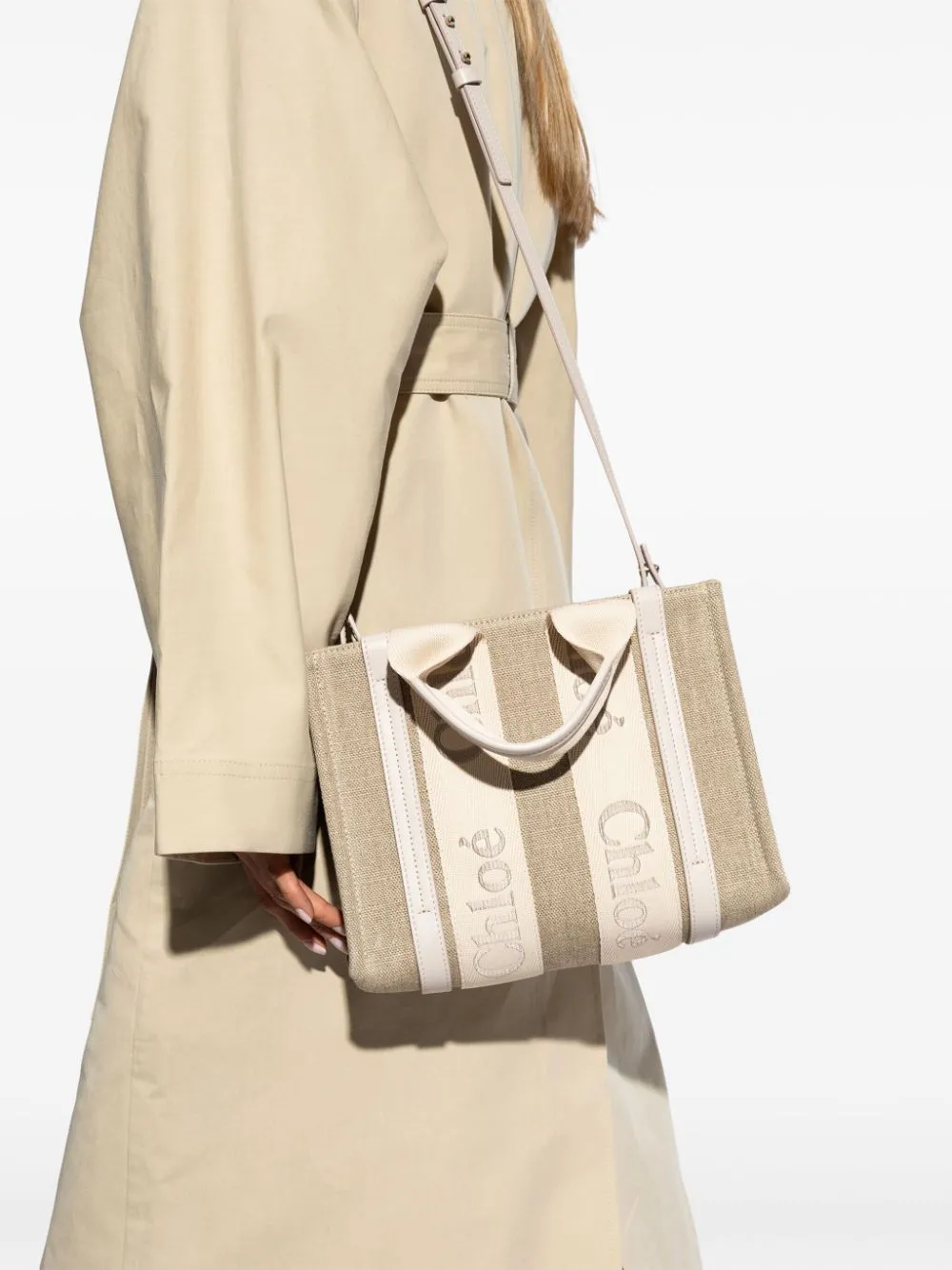 Chloè    Chloè Woody Small Canvas And Leather Tote Bag