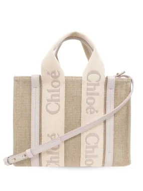 Chloè    Chloè Woody Small Canvas And Leather Tote Bag