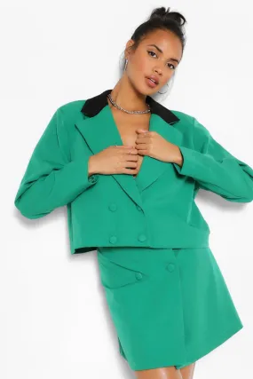 Contrast Collar Double Breasted Crop Blazer