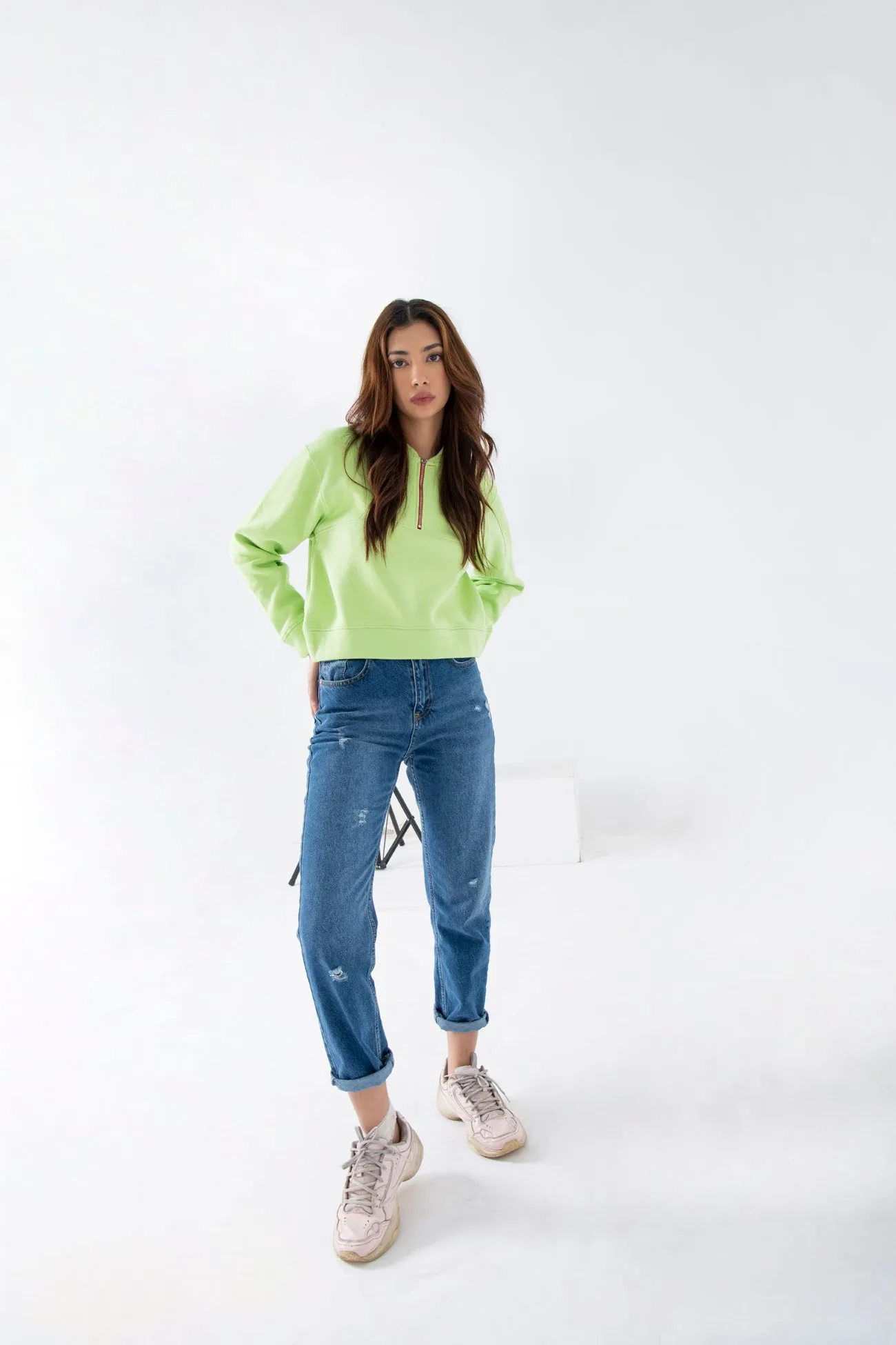 CROPPED LIME HALF ZIP SWEATSHIRT