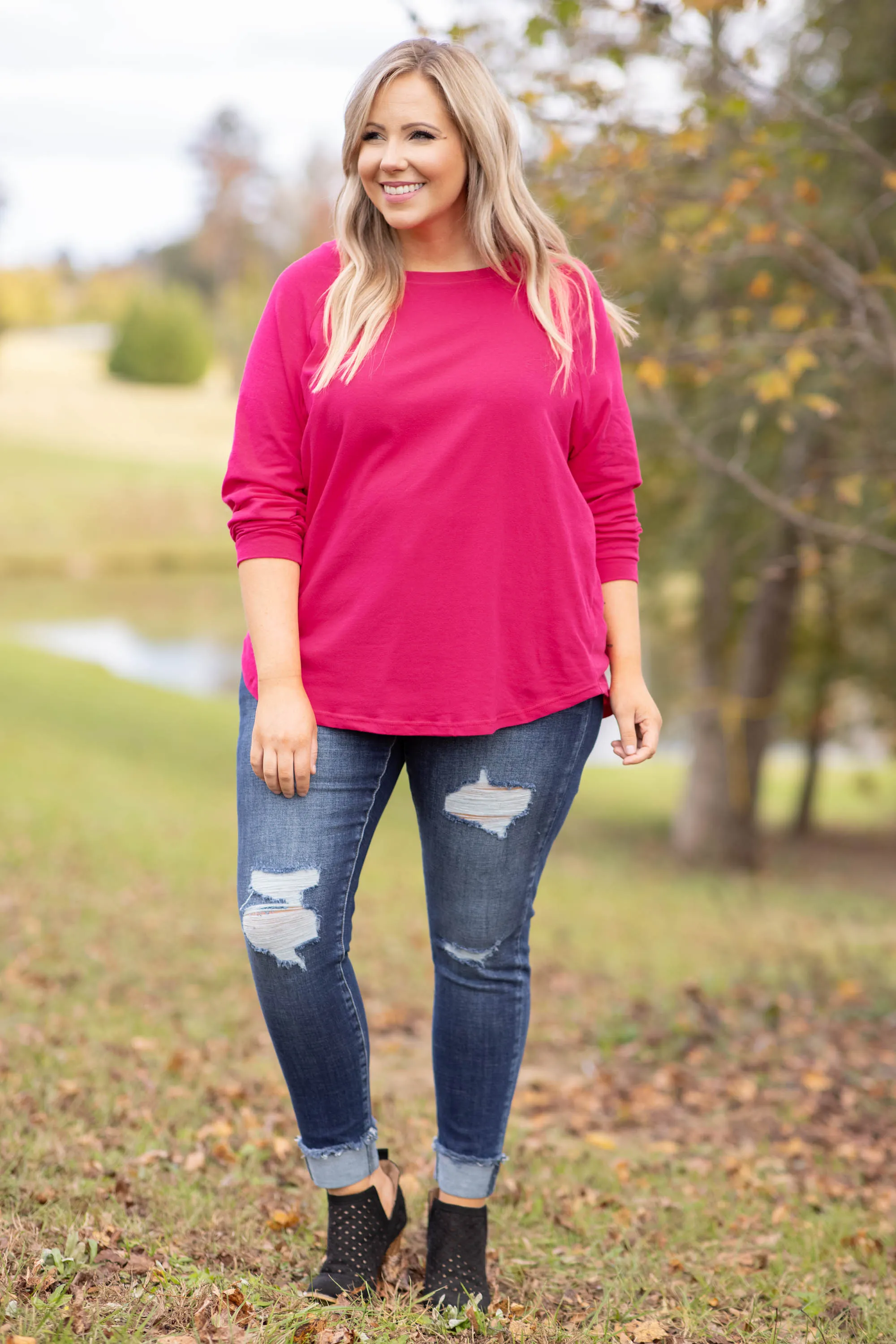 Curved Hem Slouchy Dolman Tunic, Dark Fuchsia