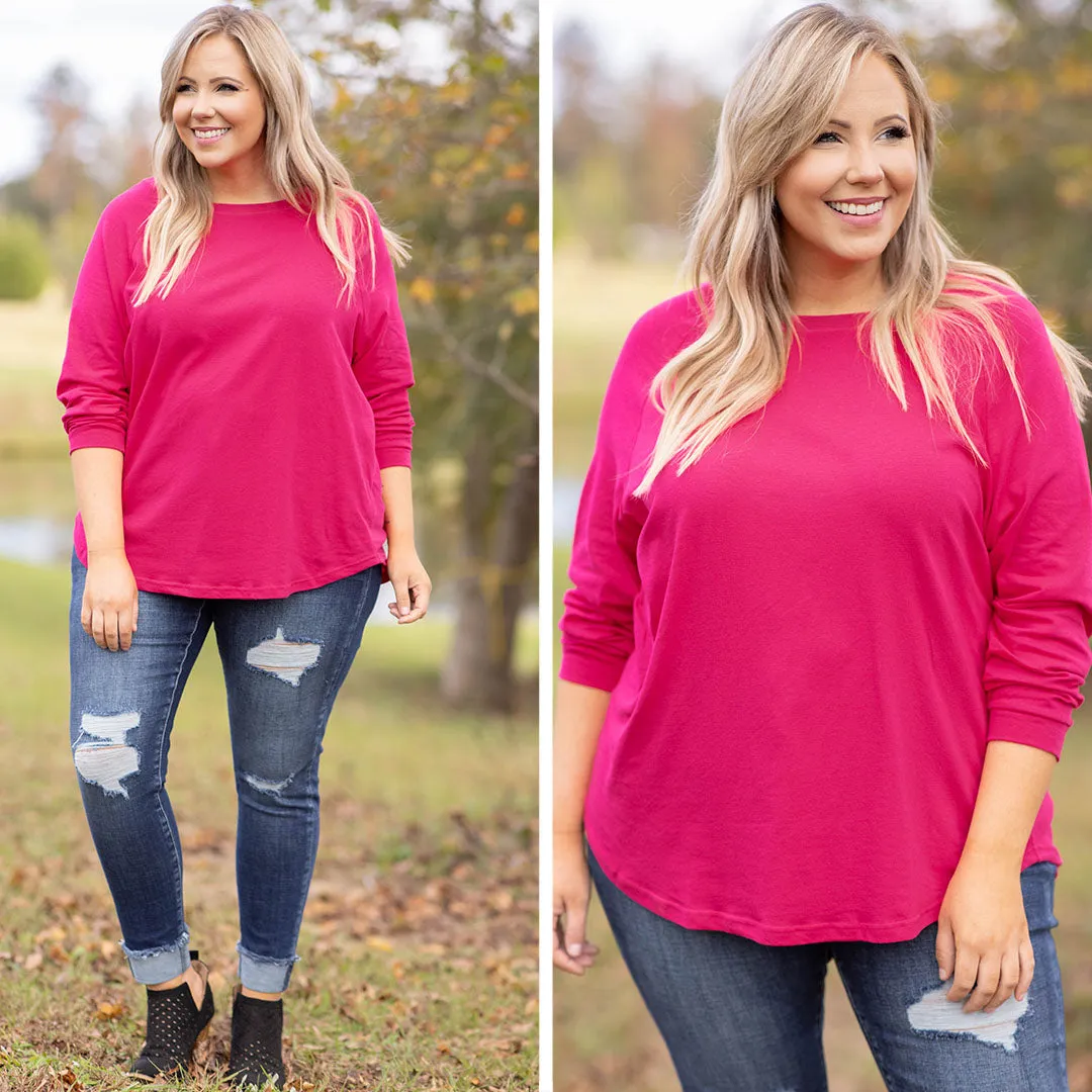 Curved Hem Slouchy Dolman Tunic, Dark Fuchsia