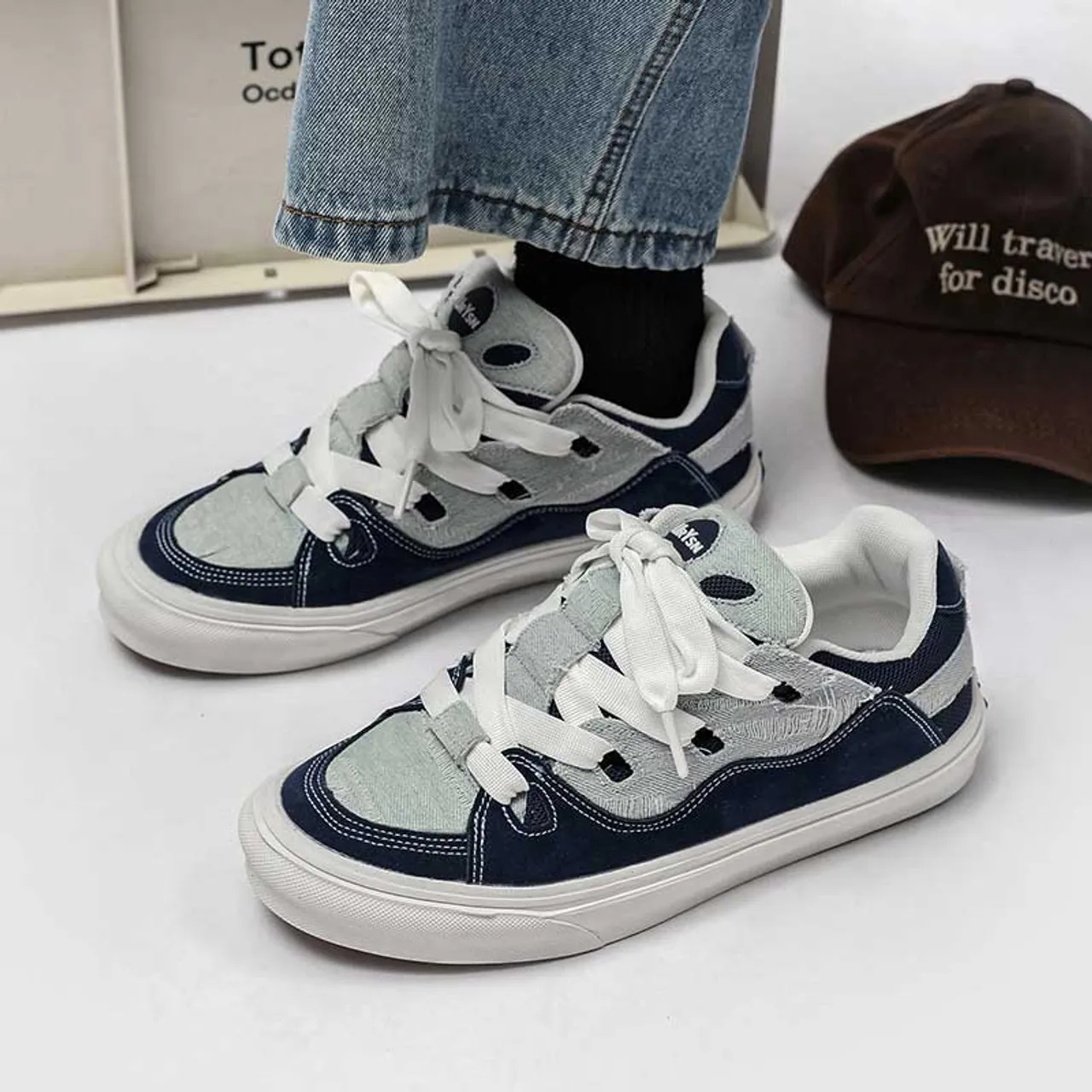 Denim blue stitching accents casual shoe sneaker 2439