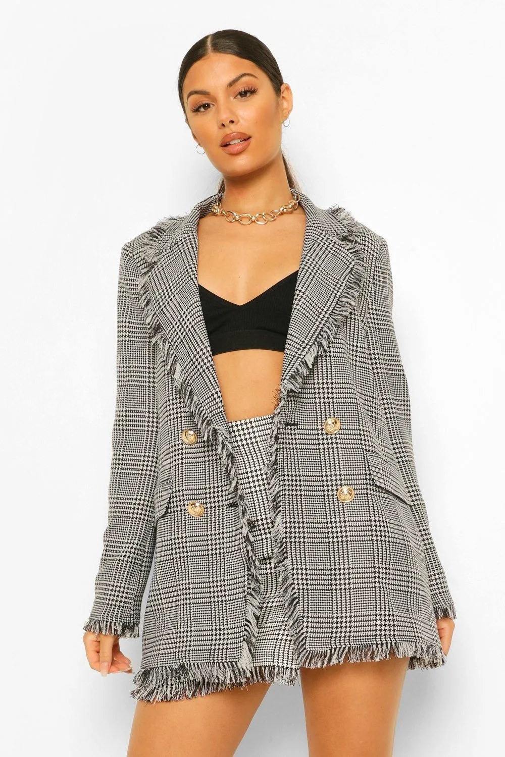 Dog Tooth Checked Frayed Hem Blazer