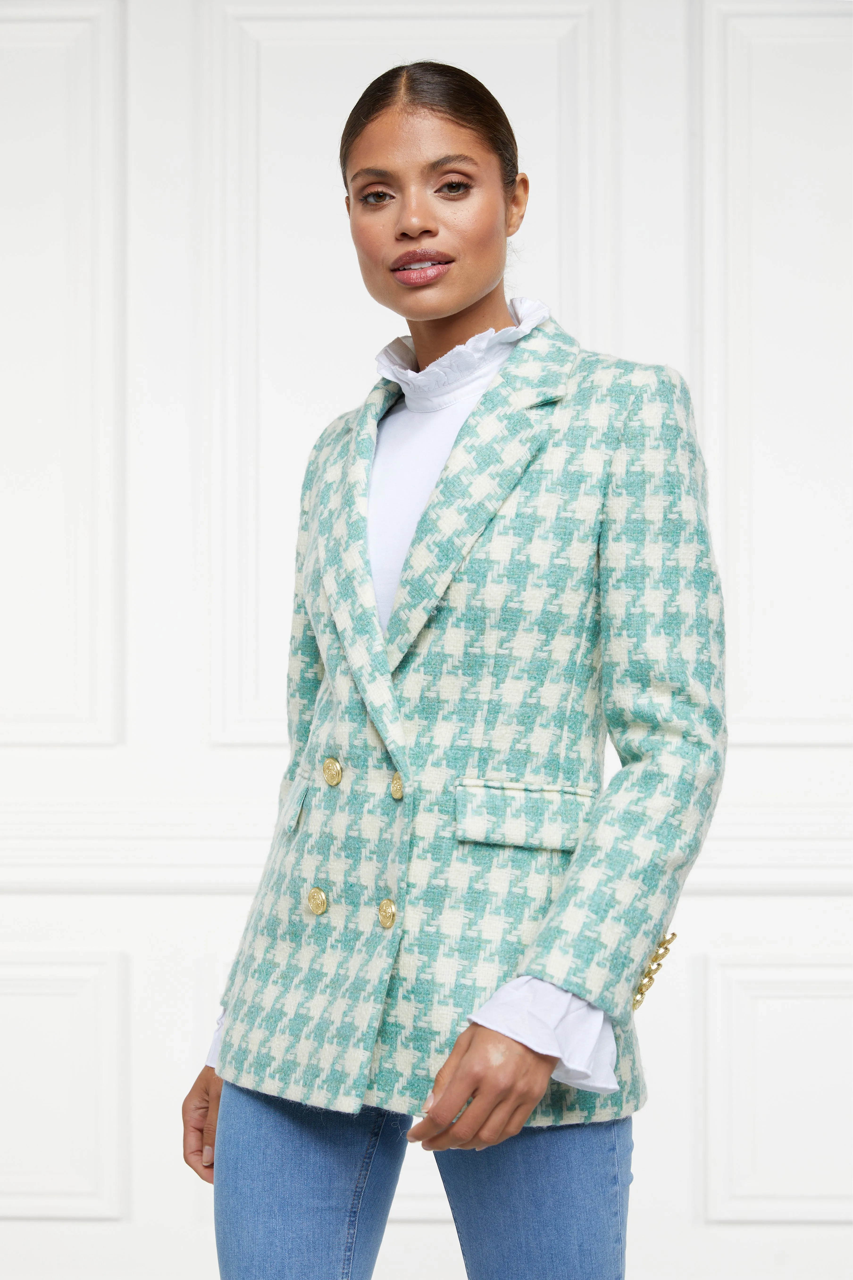 Double Breasted Blazer (Large Scale Teal Houndstooth)