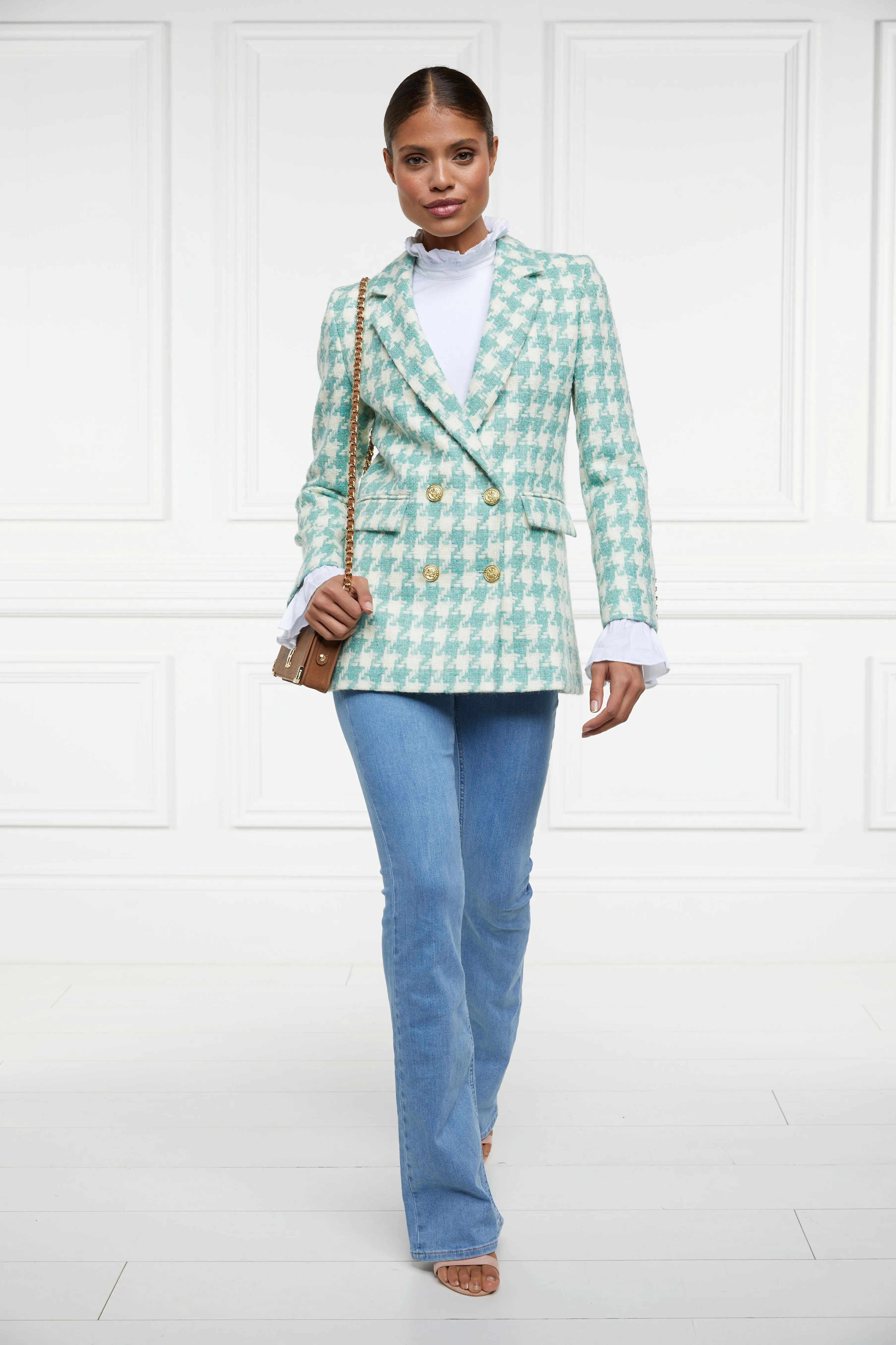 Double Breasted Blazer (Large Scale Teal Houndstooth)