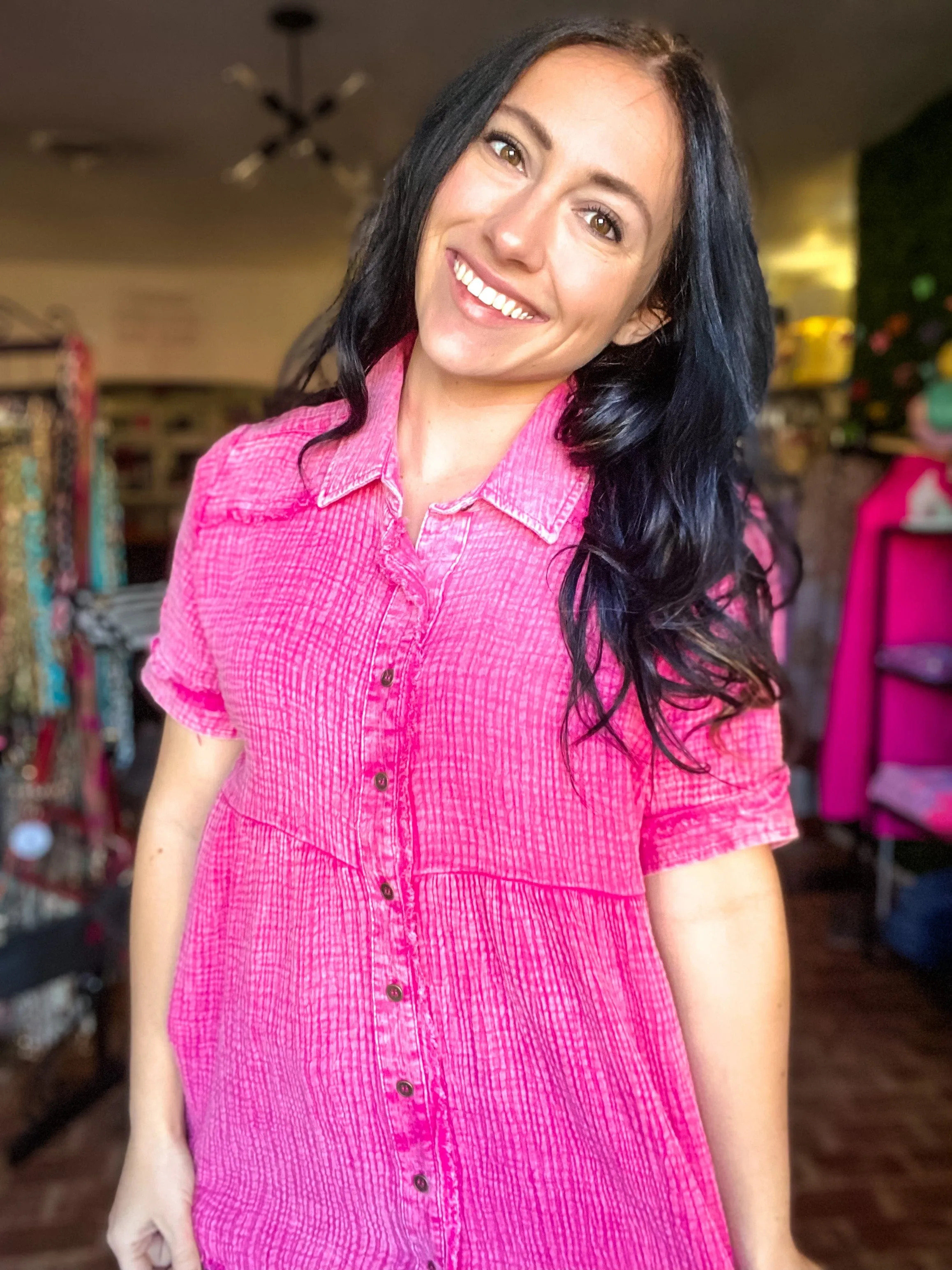 Gauze Babydoll Button Down Top-Acid Pink