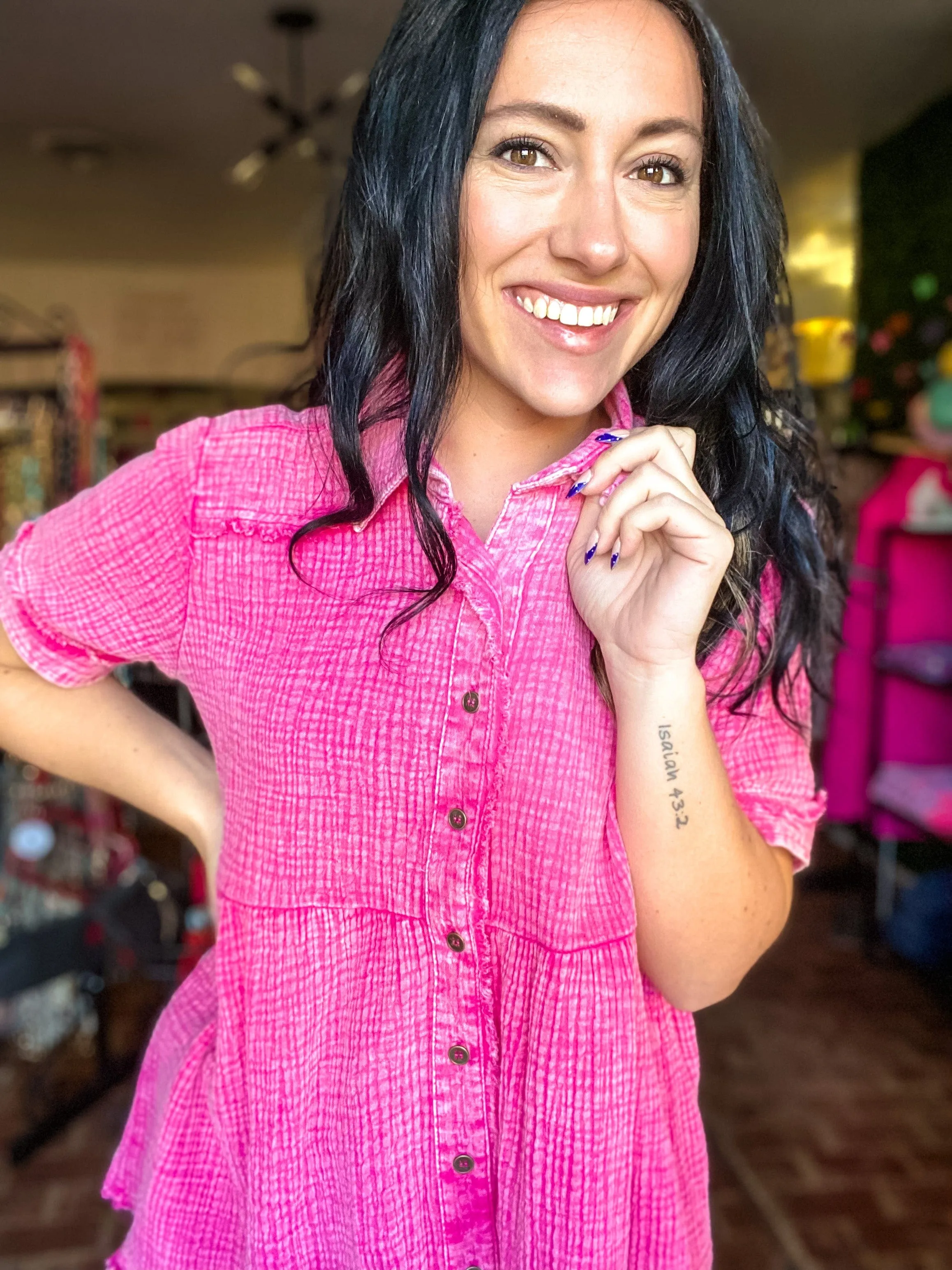 Gauze Babydoll Button Down Top-Acid Pink