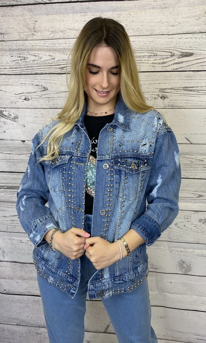 Giacca di jeans con borchie argento e perline