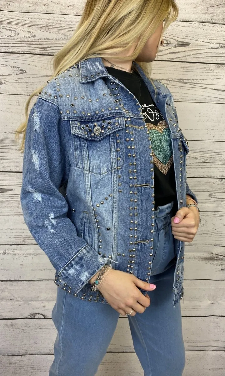 Giacca di jeans con borchie argento e perline