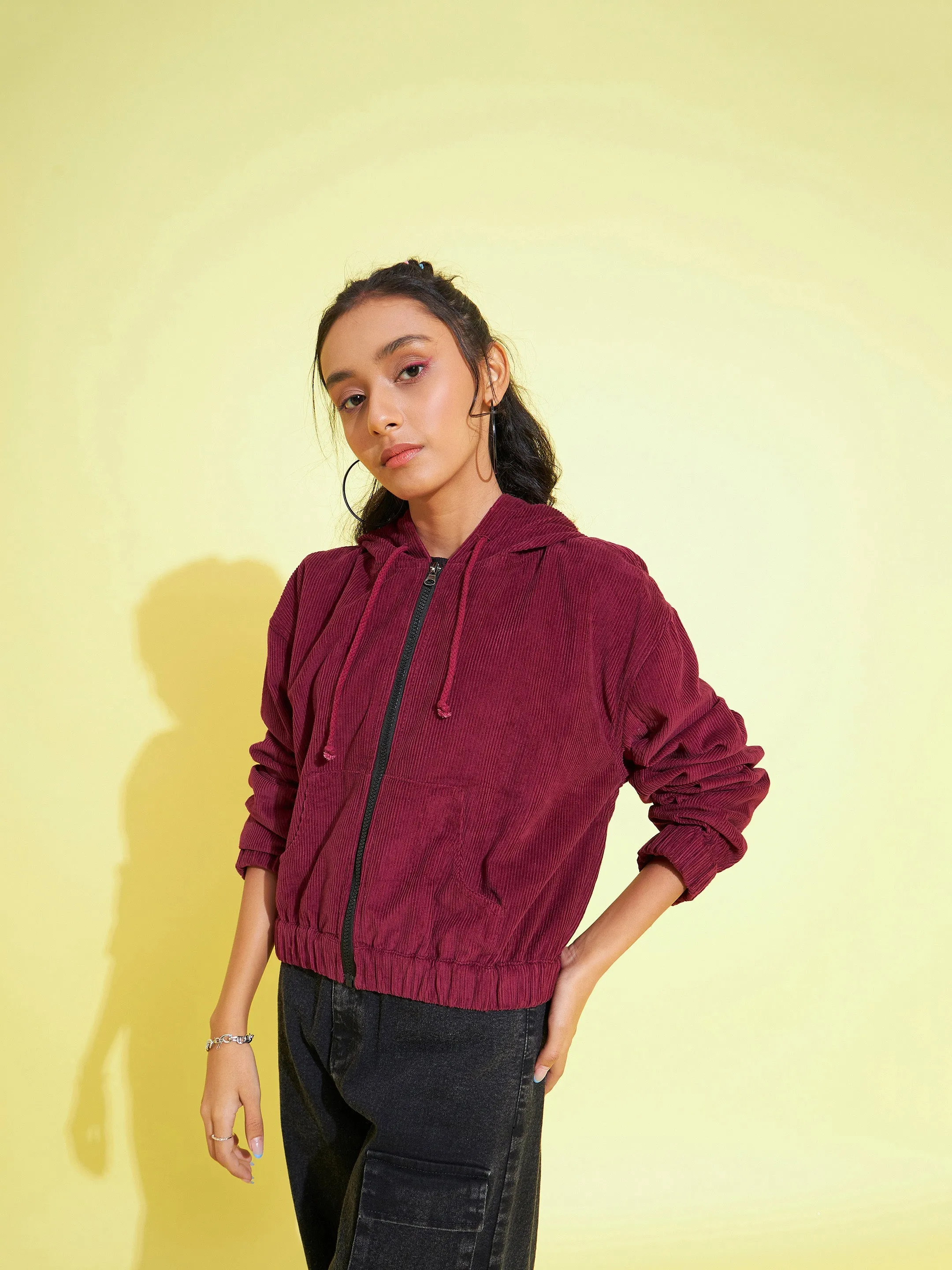 Girls Burgundy Corduroy Hoodie Crop Jacket