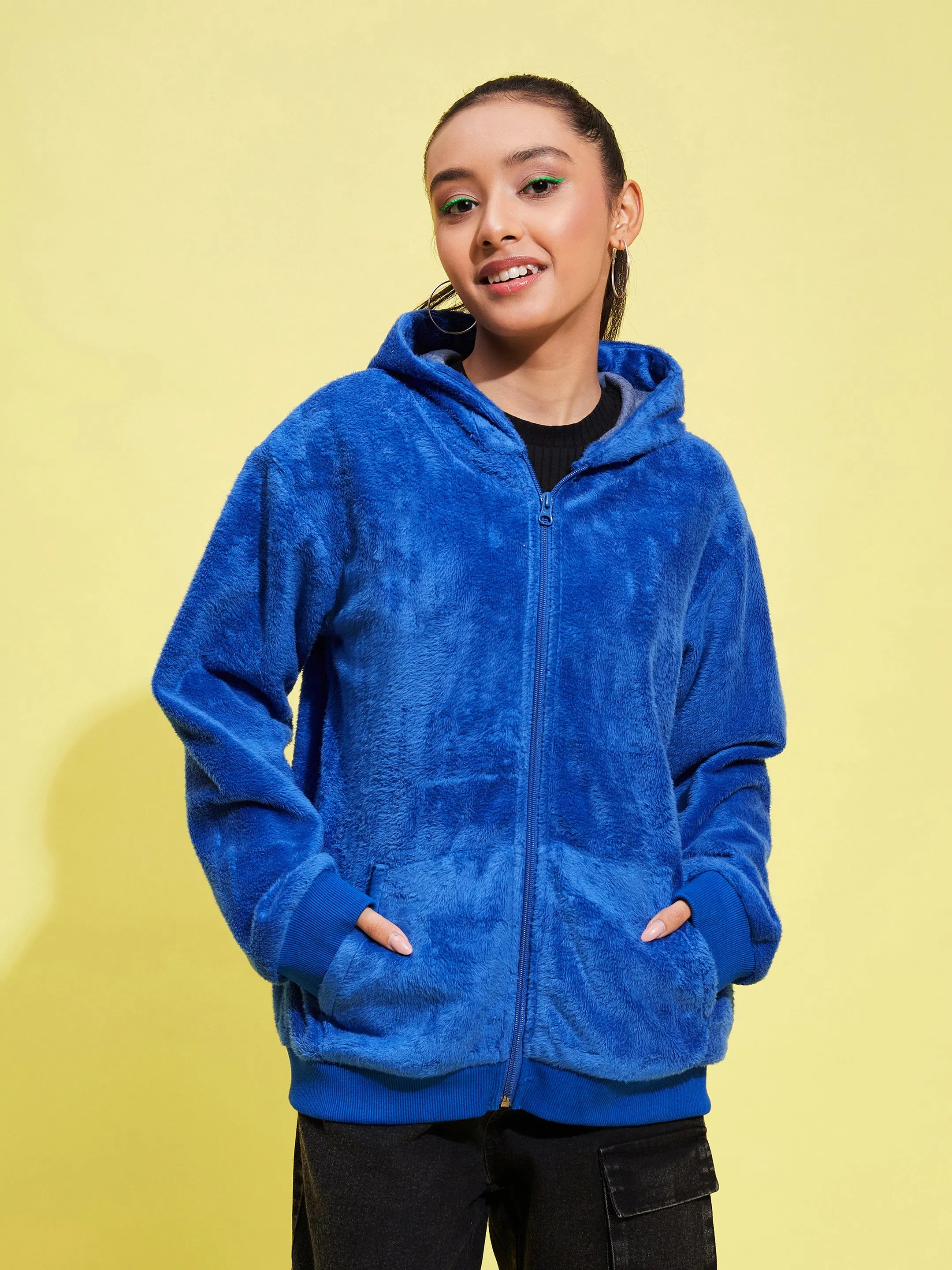 Girls Royal Blue Fleece Fur Front Pocket Hoodie Jacket