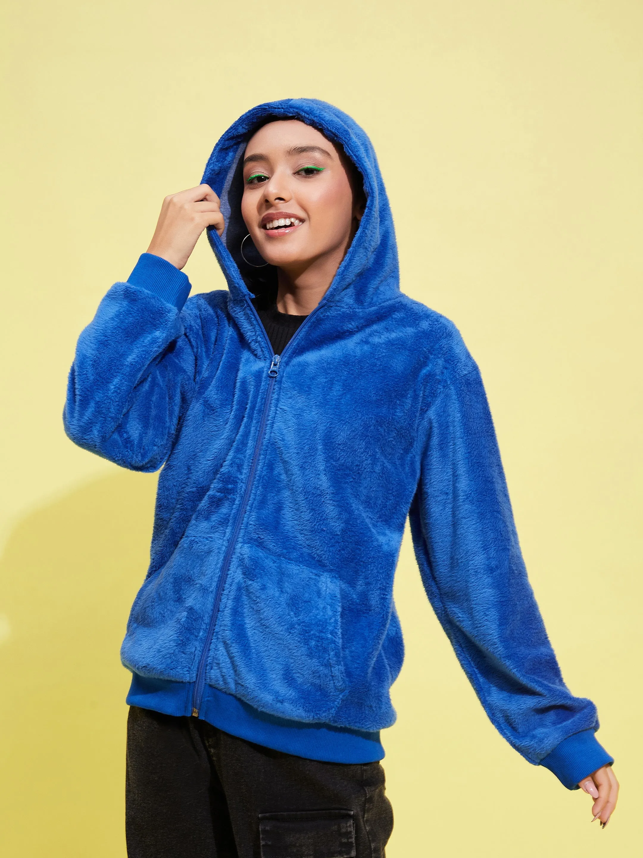 Girls Royal Blue Fleece Fur Front Pocket Hoodie Jacket