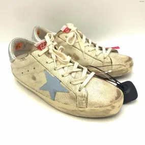 GOLDEN GOOSE Beige Lt Blue Leather Made in Italy Distressed Sneaker Shoes