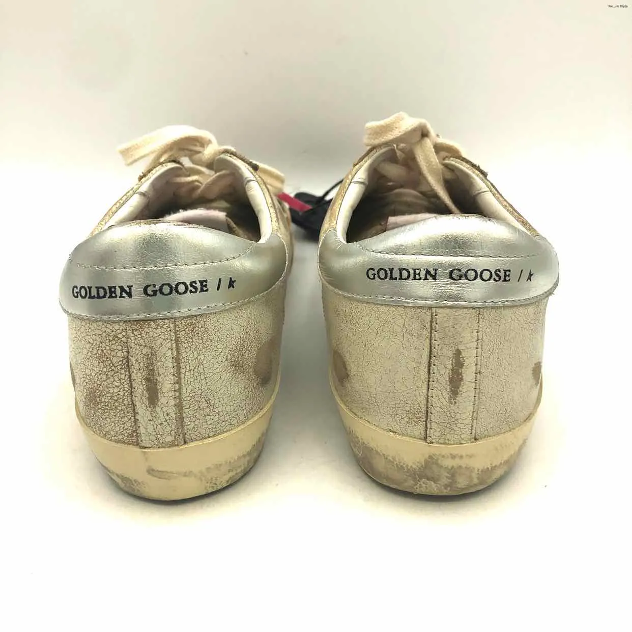 GOLDEN GOOSE Beige Lt Blue Leather Made in Italy Distressed Sneaker Shoes