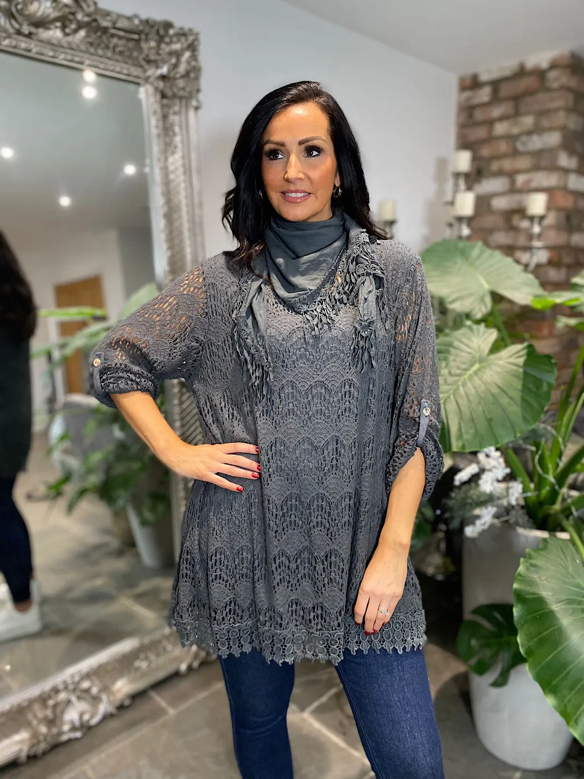 Grey Lace Detail Scarf Top Darcie