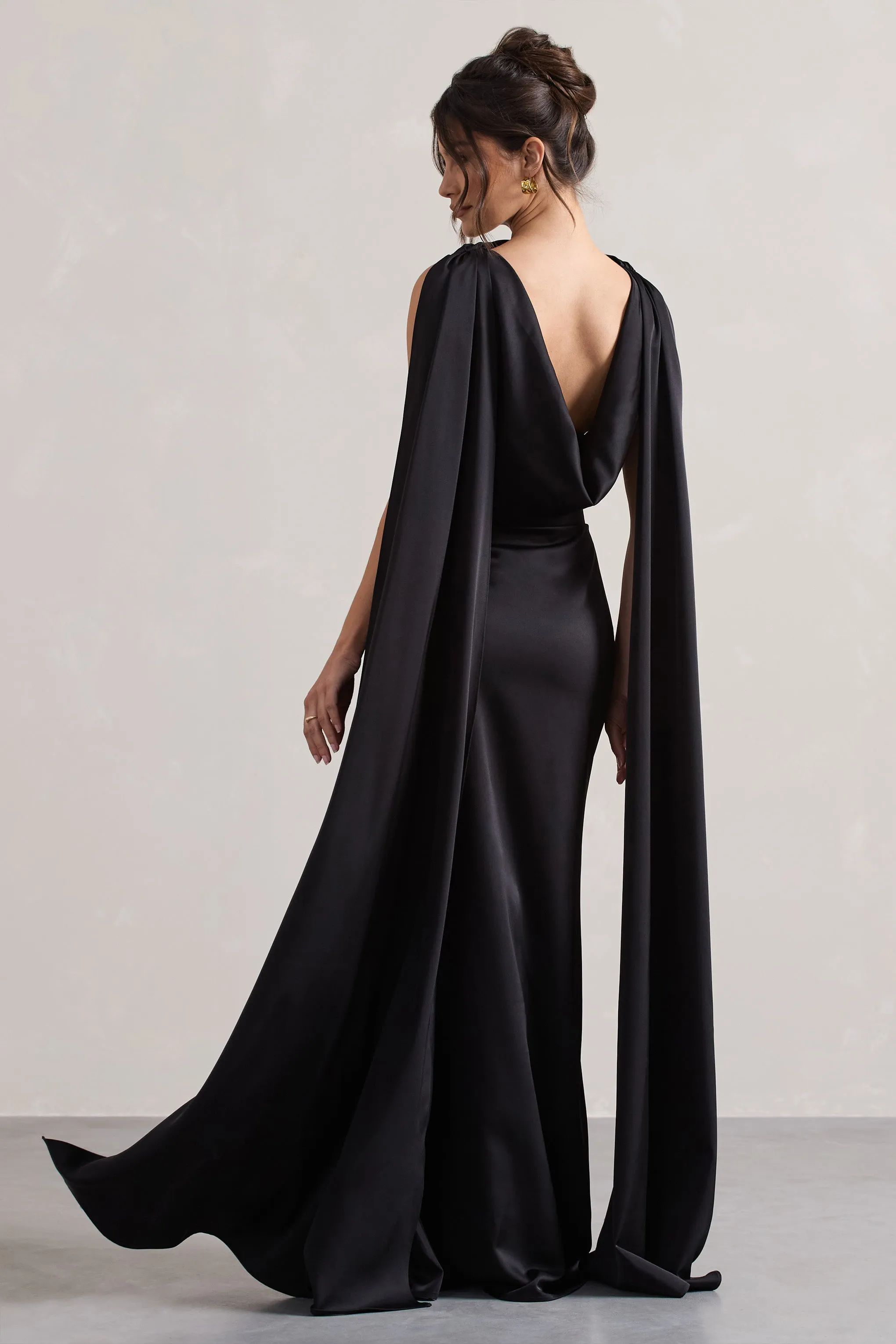 Intuition | Black Satin Square-Neck Split Maxi Dress With Scarf