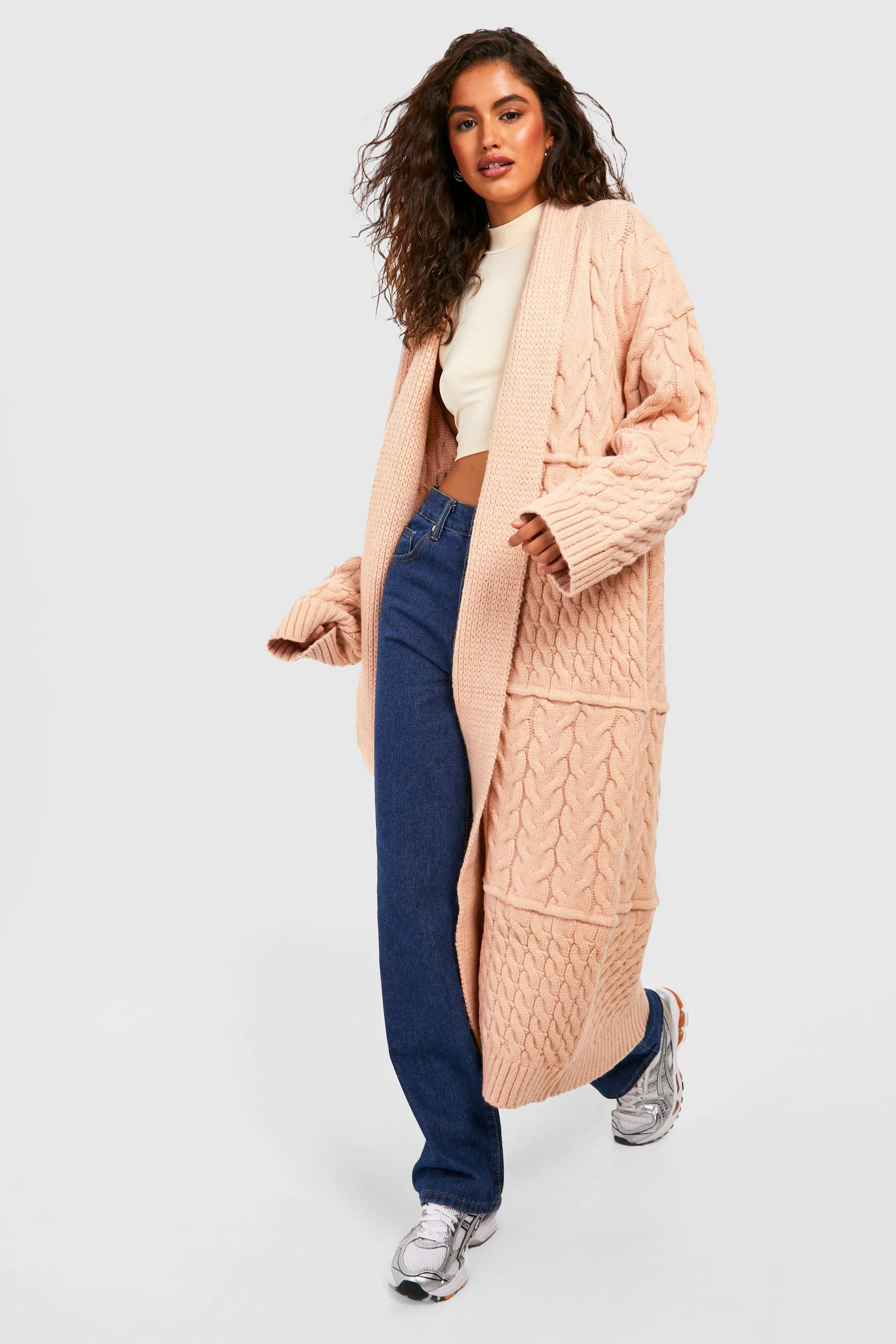 Jumpers & Cardigans | Mixed Chunky Cable Knit Maxi Cardigan | boohoo