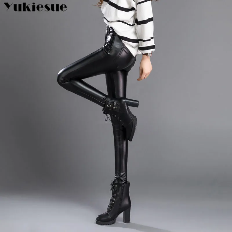 leather pants High elastic shiny trousers slim female