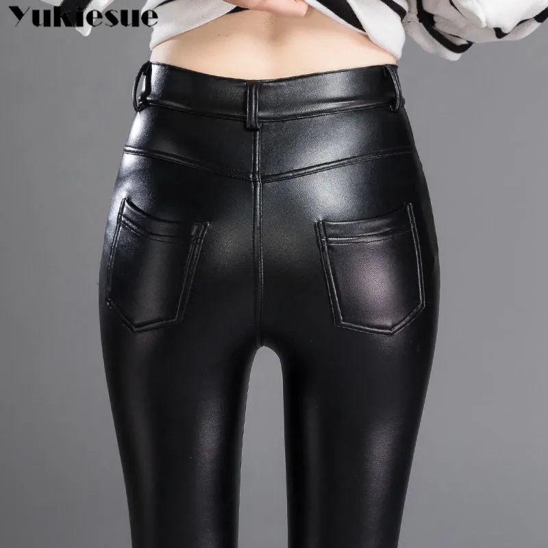 leather pants High elastic shiny trousers slim female