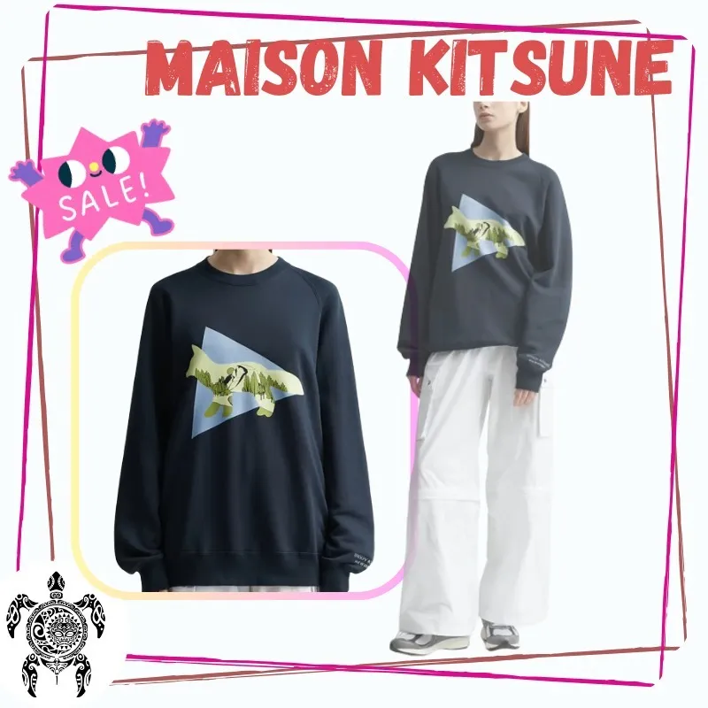 MAISON KITSUNE  |Crew Neck Long Sleeves Plain Other Animal Patterns Cotton