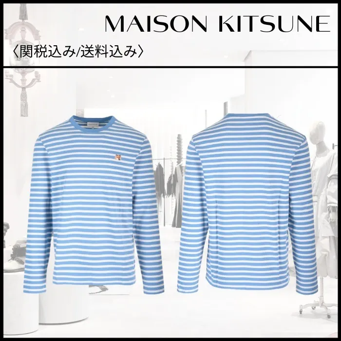 MAISON KITSUNE  |Stripes Long Sleeves Plain Cotton Long Sleeve T-shirt Logo