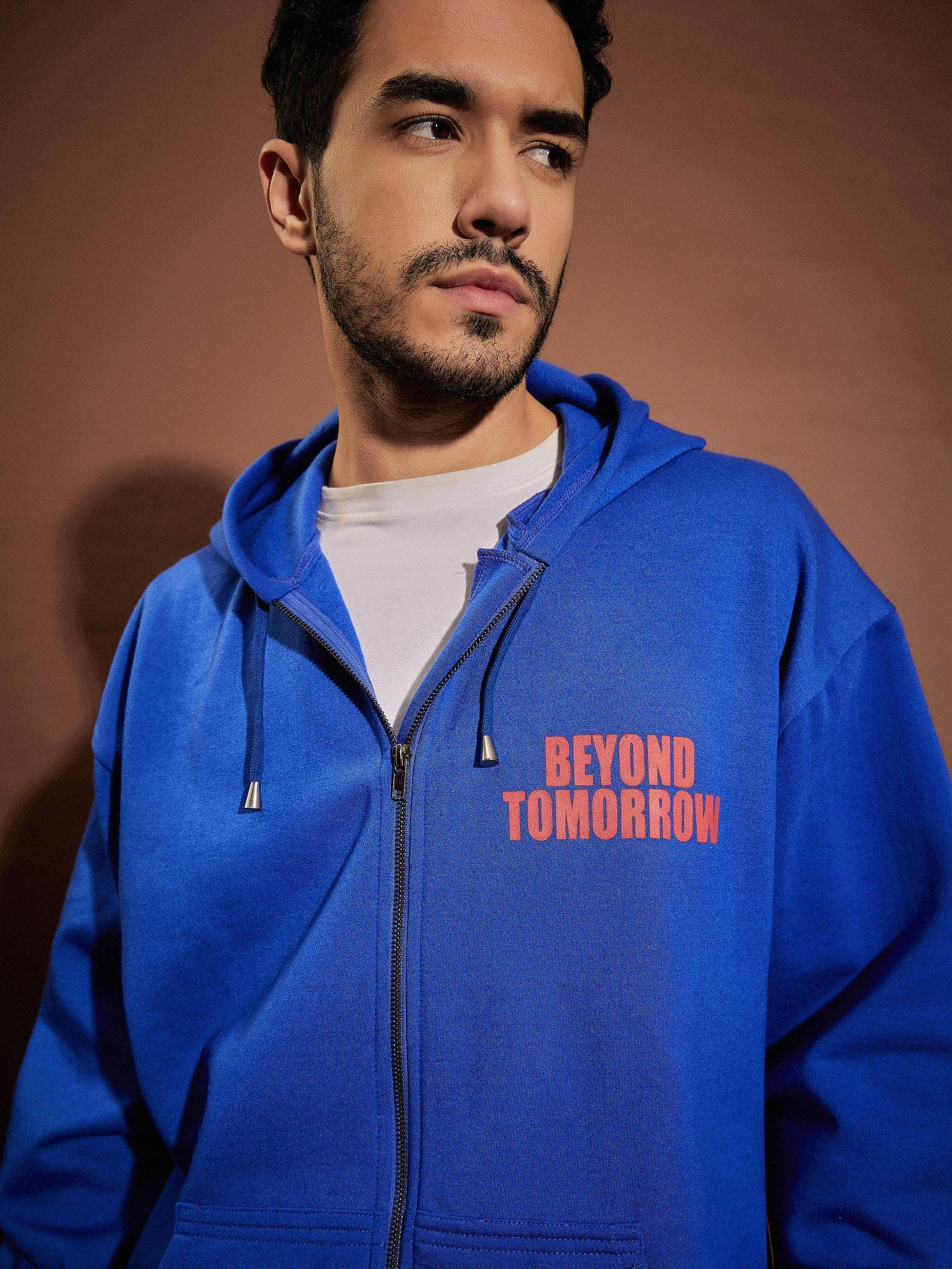 Men Blue BEYOND TOMORROW Oversized Zipper Hoodie