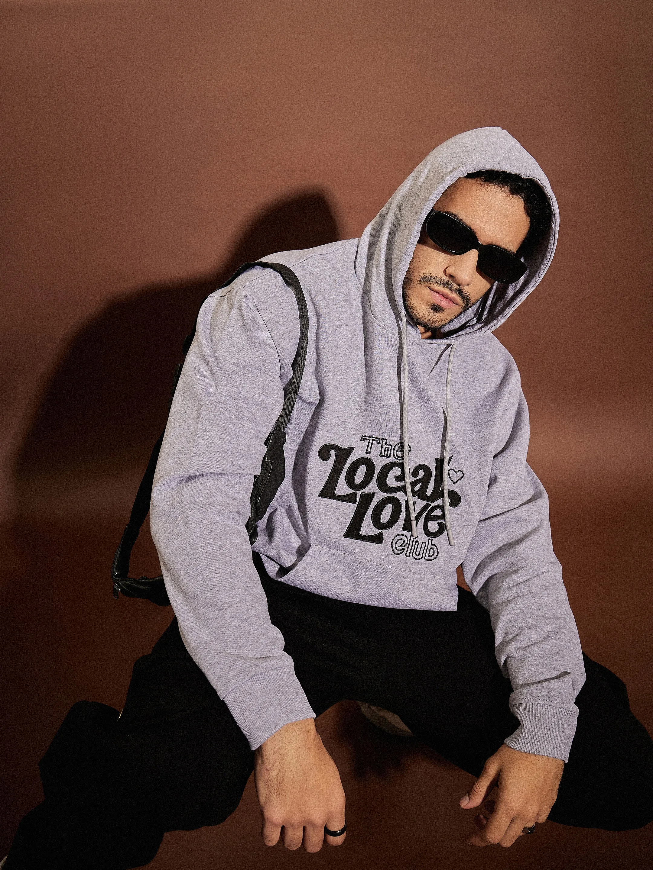 Men Grey Melange LOVE LOCALS Oversized Hoodie