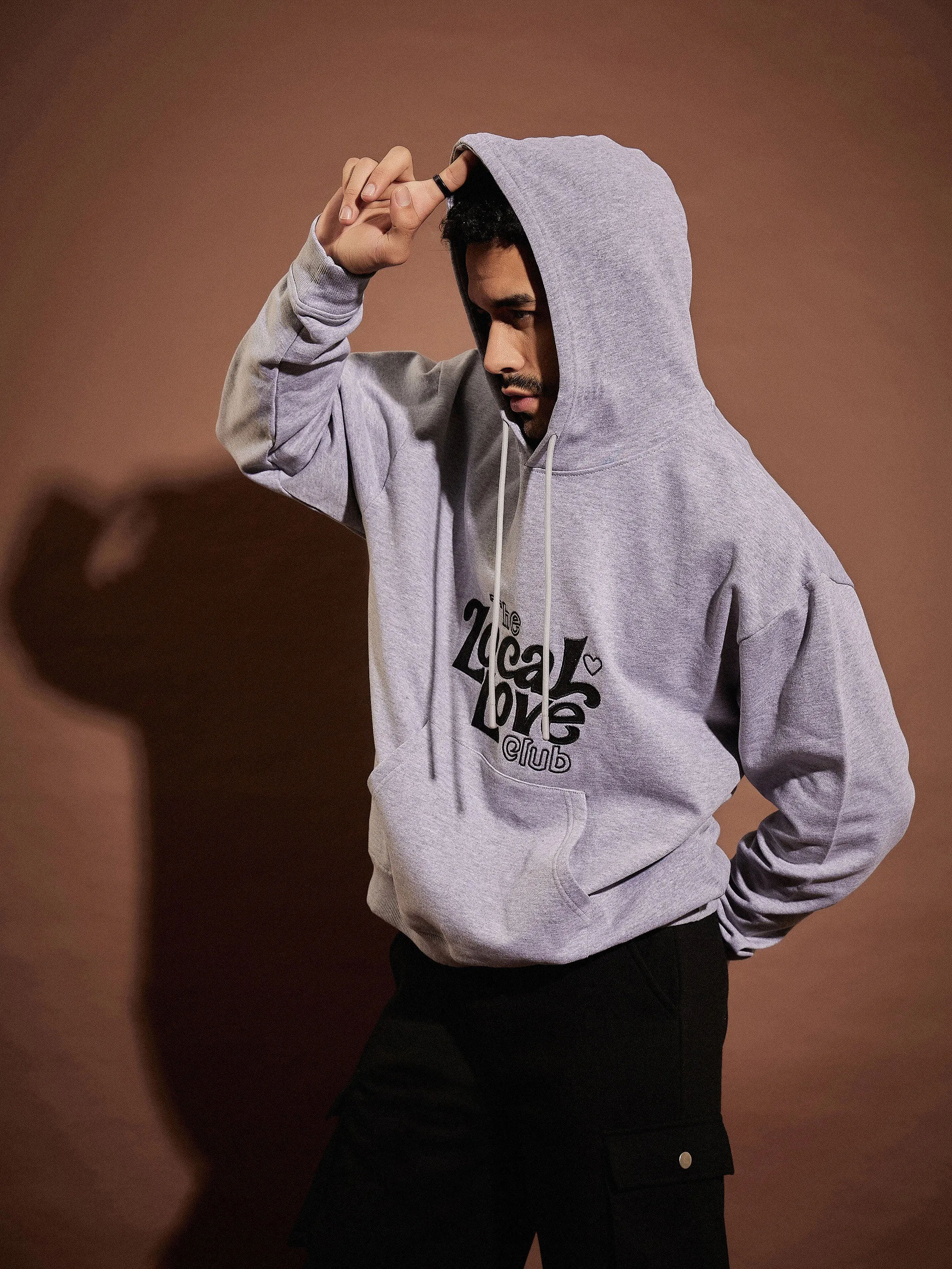 Men Grey Melange LOVE LOCALS Oversized Hoodie