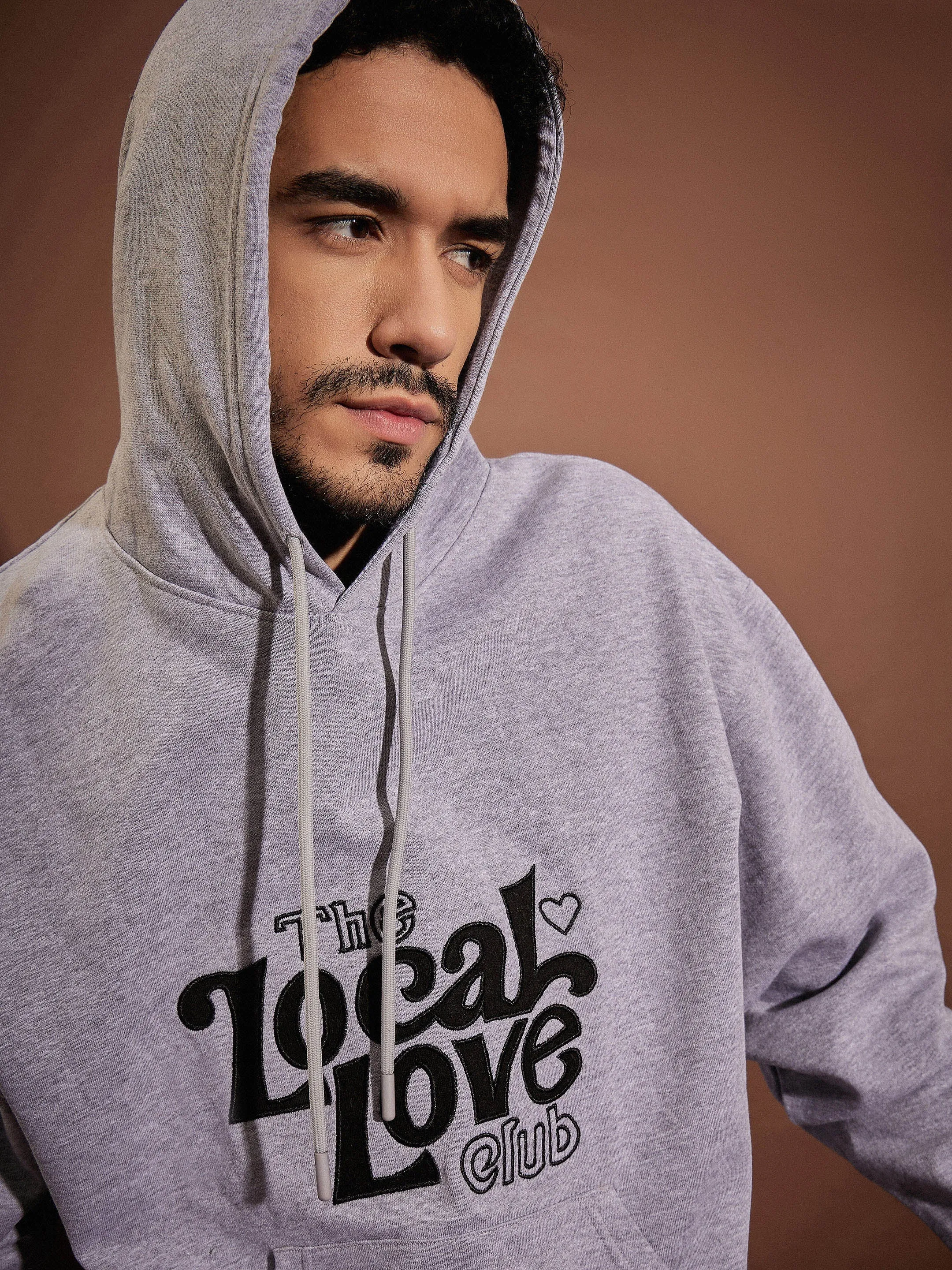 Men Grey Melange LOVE LOCALS Oversized Hoodie