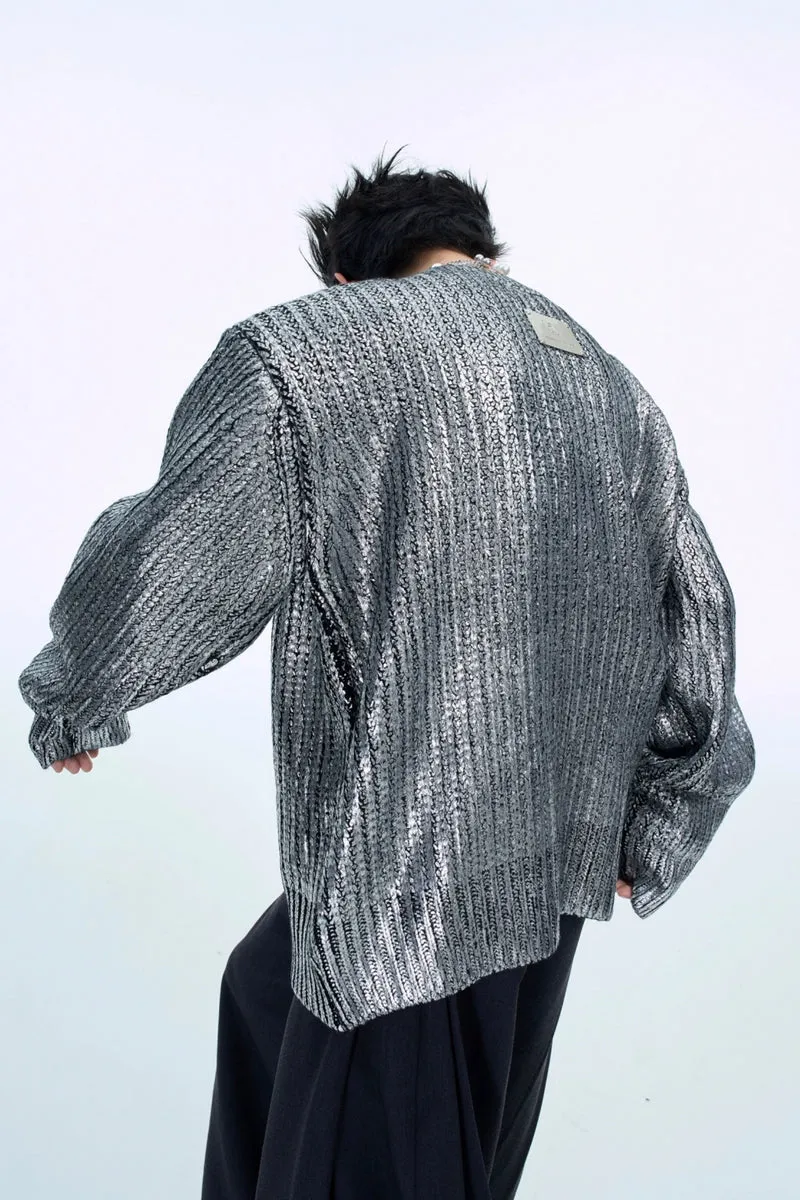 Metallic V-Neck Heavy Knit Sweater